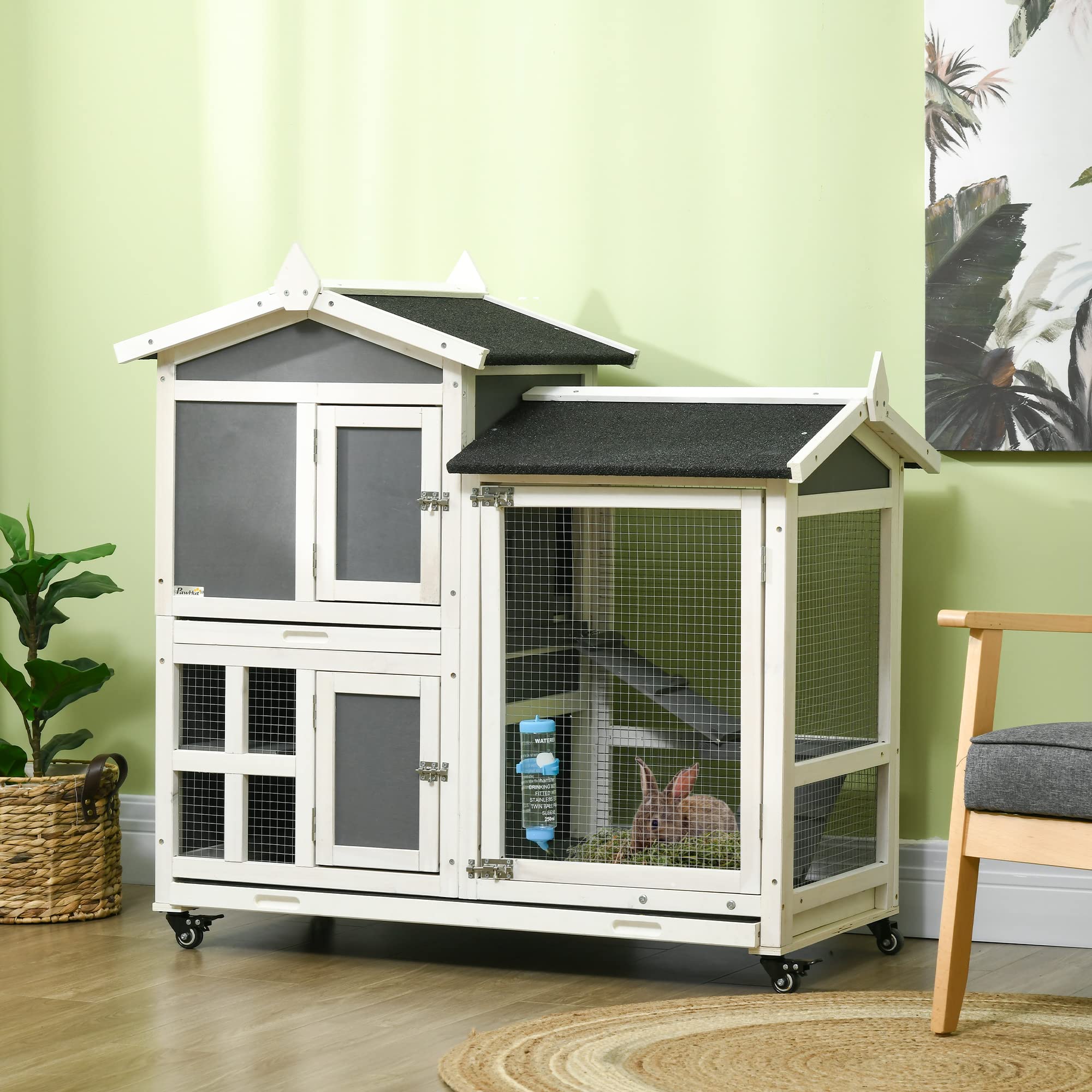 PawHut Außen Kaninchenstall für 2 Kaninchen 110x60x104cm Grau und Weiß
