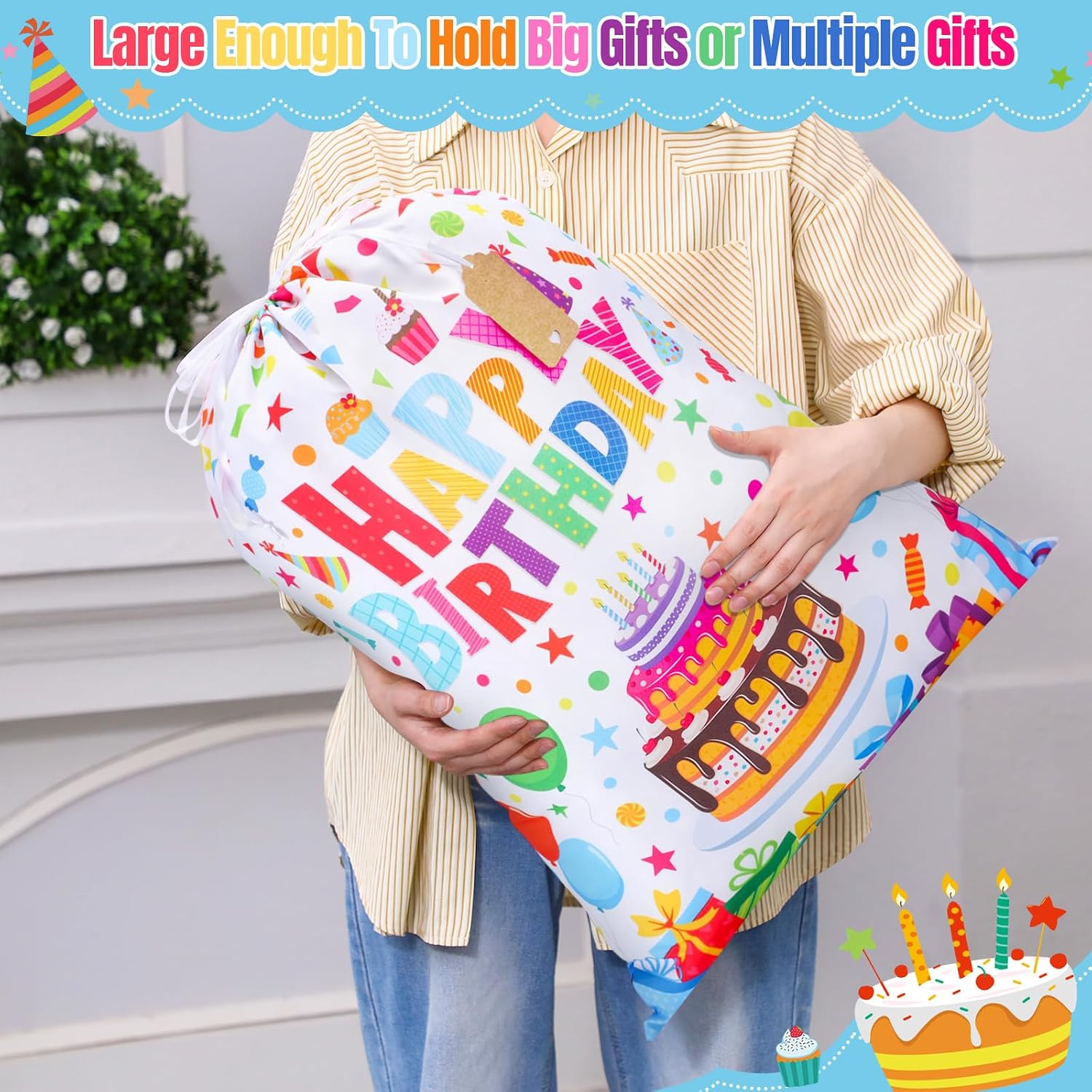 Pickmesh 2 Pcs Extra Large Birthday Gift Bags, Polyester Canvas,Cake Design image 3