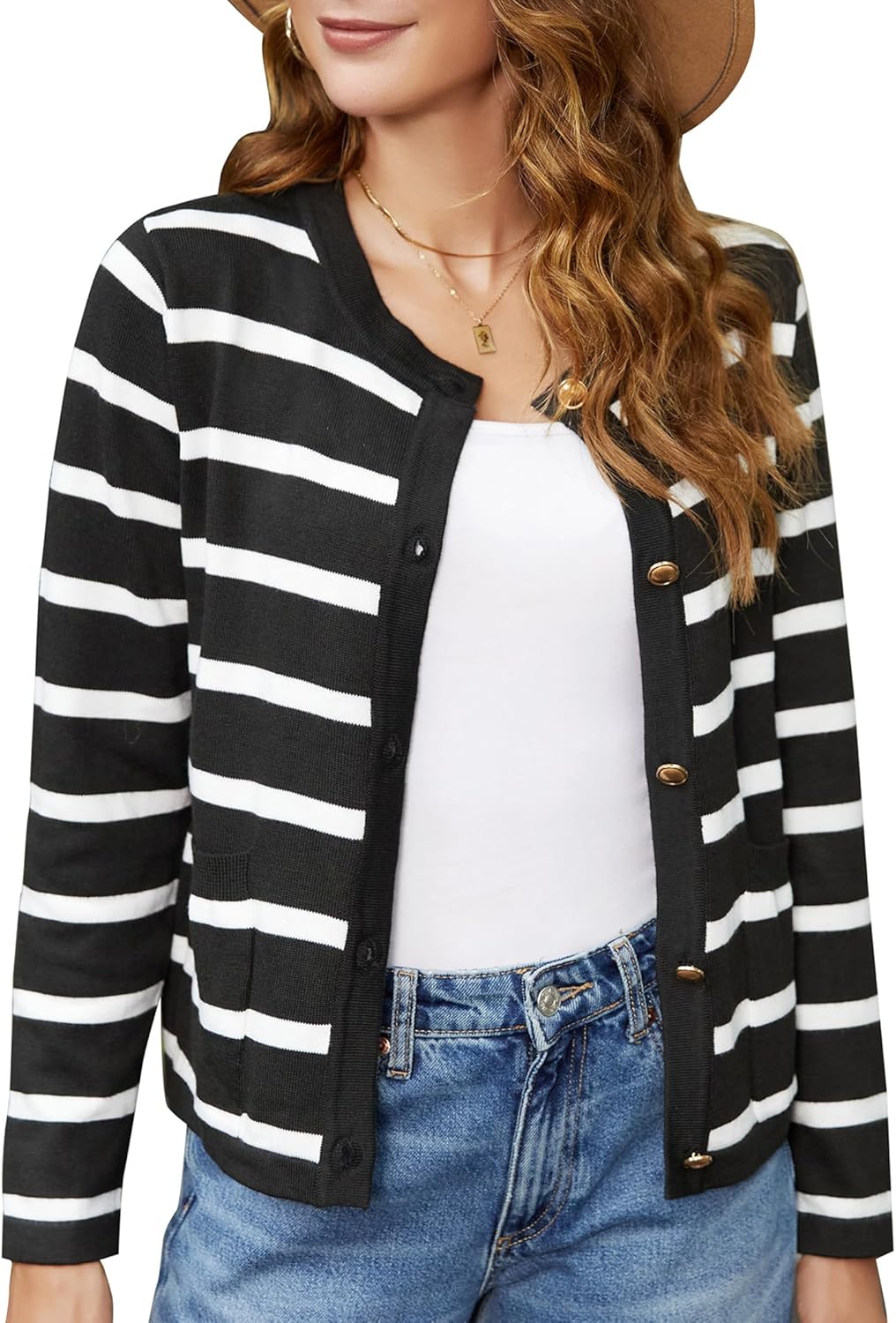Cardigan Sweaters for Women Lightweight Crewneck Knit Cardigan Gold Buttons Soft Open Sweaters with Pactch Pockets