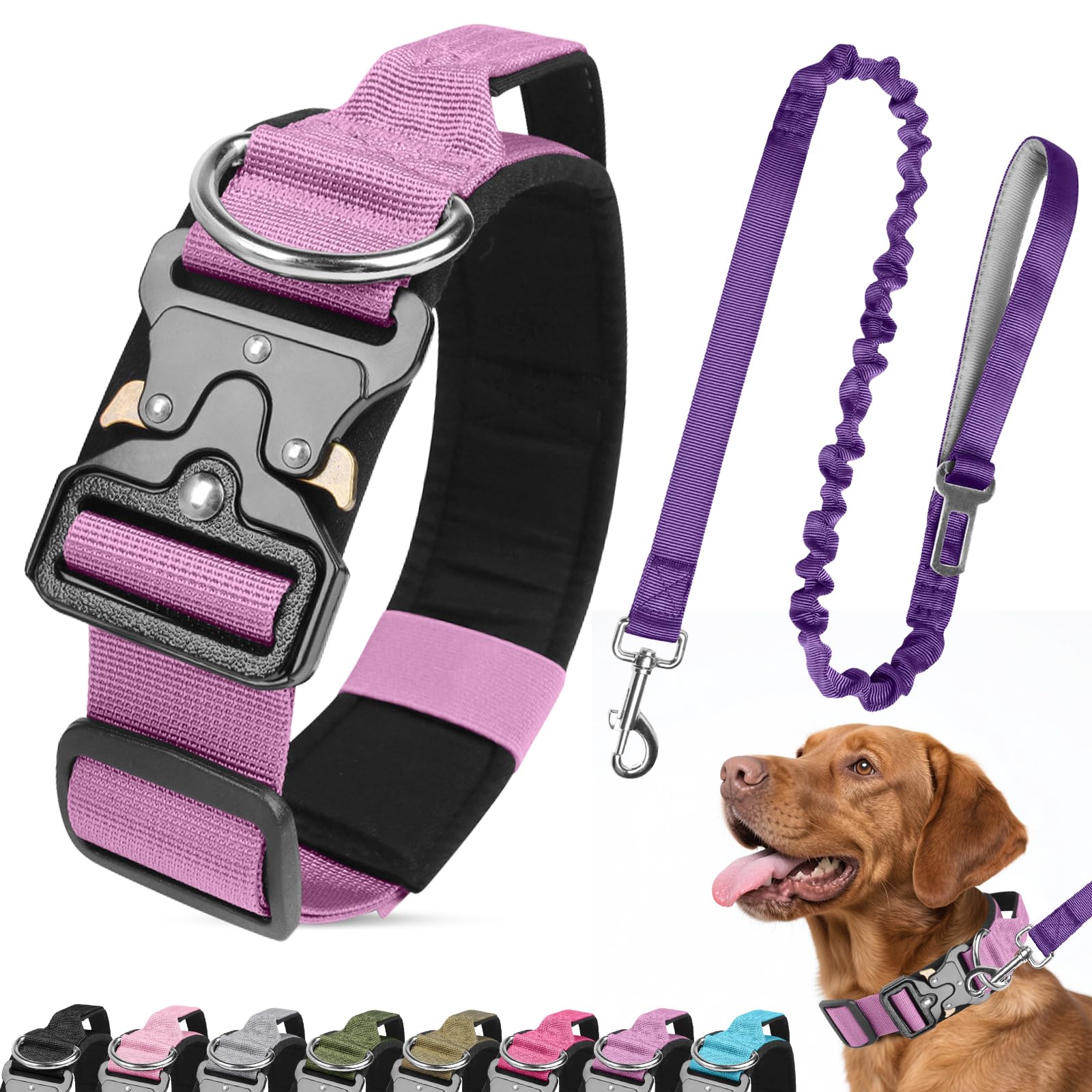 Ledeak Tactical Dog Collar and Leash Set, Heavy Duty Padded Dog Collar with Metal Buckle, Military Adjustable Nylon Pet Collars with Handle for Medium Large Dogs Training (Purple, M)
