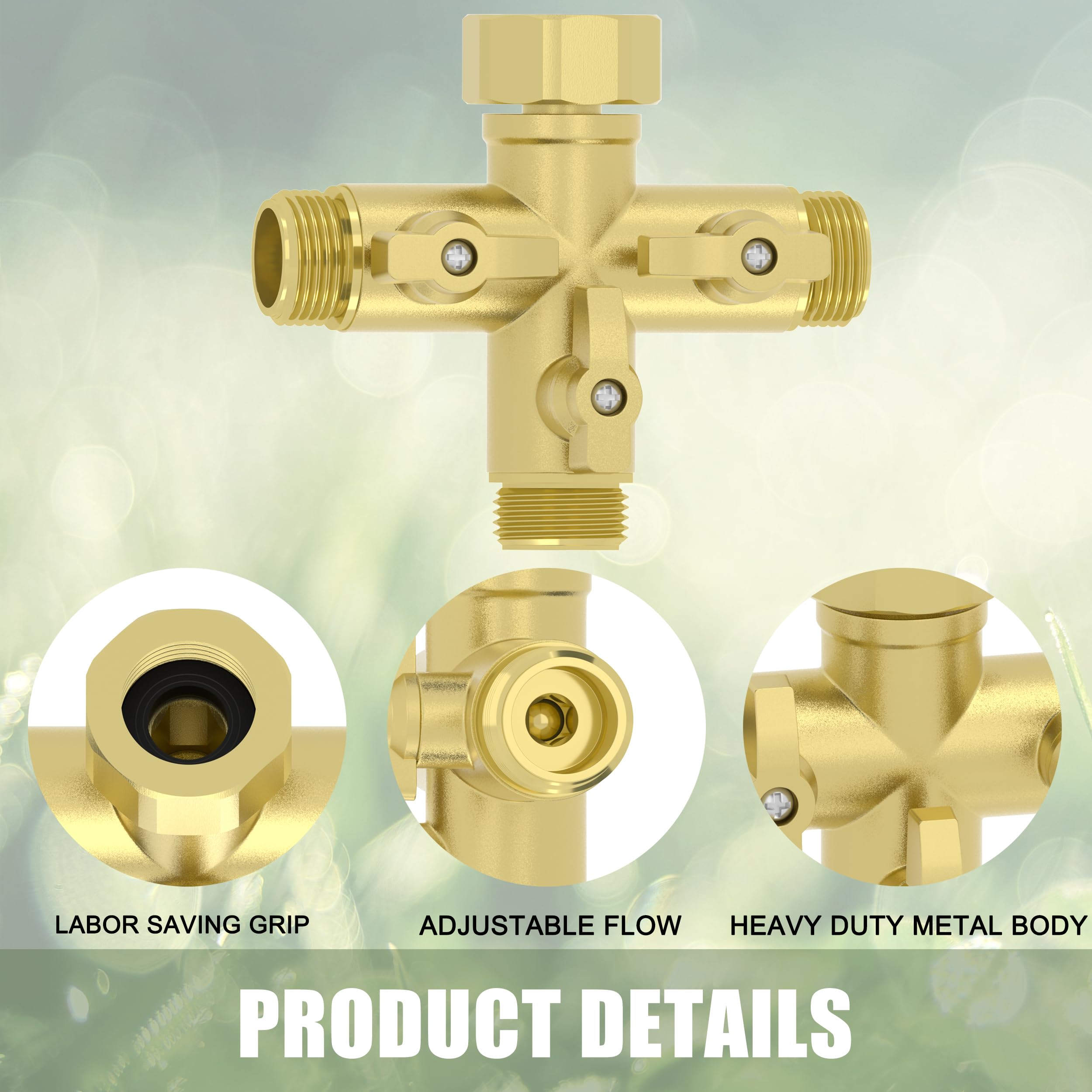 YANWOO Splitter per tubo da giardino a 3 vie in metallo resistente con valvole di intercettazione, connettori per rubinetto ad alto flusso da 3/4" con 4 rondelle extra in silicone