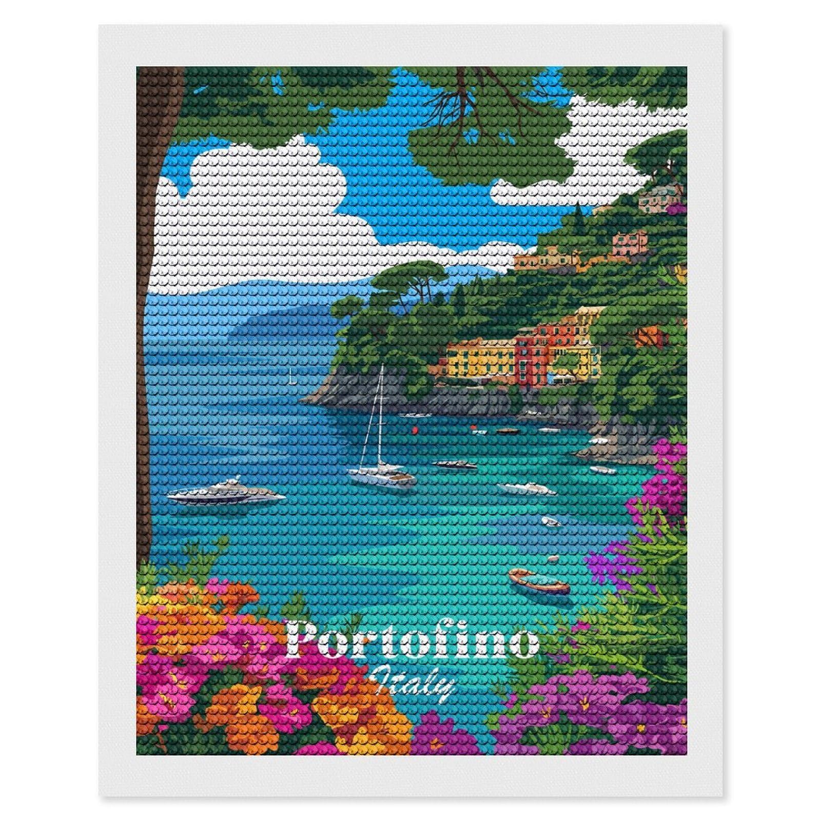 Junmoney Portofino Italy Coastal Scene Round Drill Diamond Painting 16"x20", for Craft Lovers, Stress Relief Craft, Bedroom Decor, Festive Craft Gift