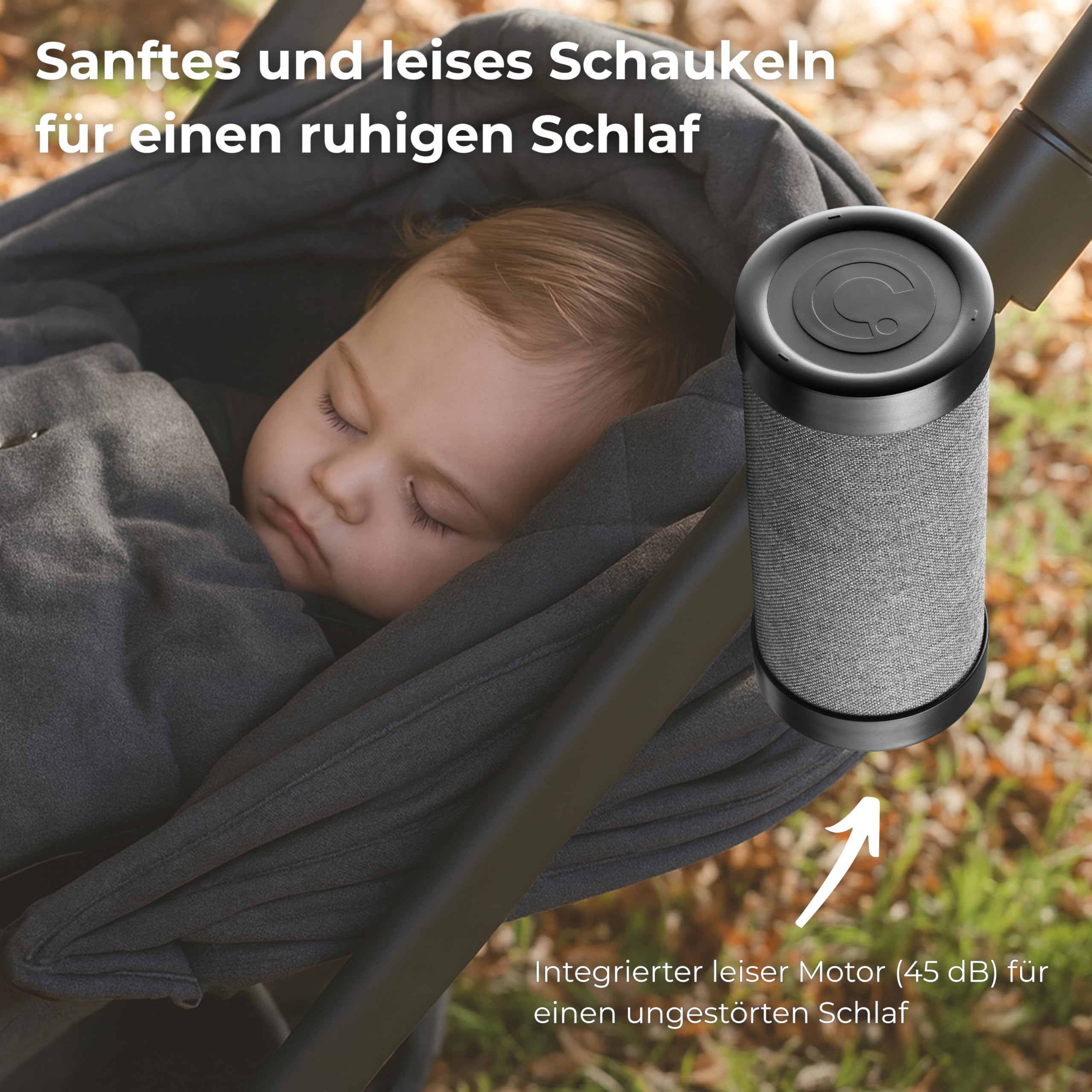 Automatischer wiederaufladbarer Schaukelaufsatz für Kinderwagen, mit Sicherheits-LED, 3 Schaukelstufen, bis zu 30 Stunden leiser Betrieb, USB-C – RockingRide PRO (Schwarz)