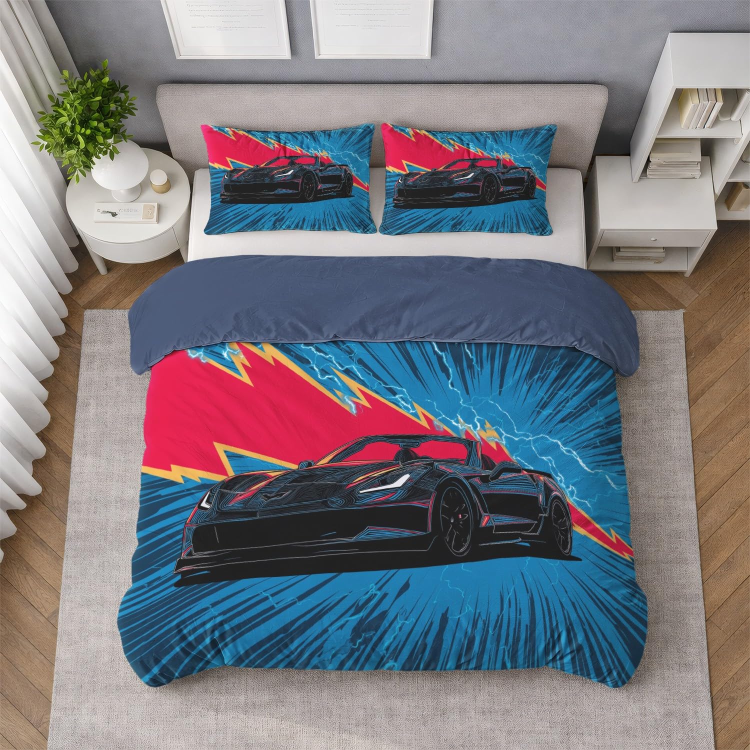Niebieski Czerwony Komiks Fantasy Błyskawica Samochód Sportowy 260 x 240 cm Poszewka na kołdrę Trwała łatwa w pielęgnacji Pościel Zestaw pościeli dla dzieci i dorosłych