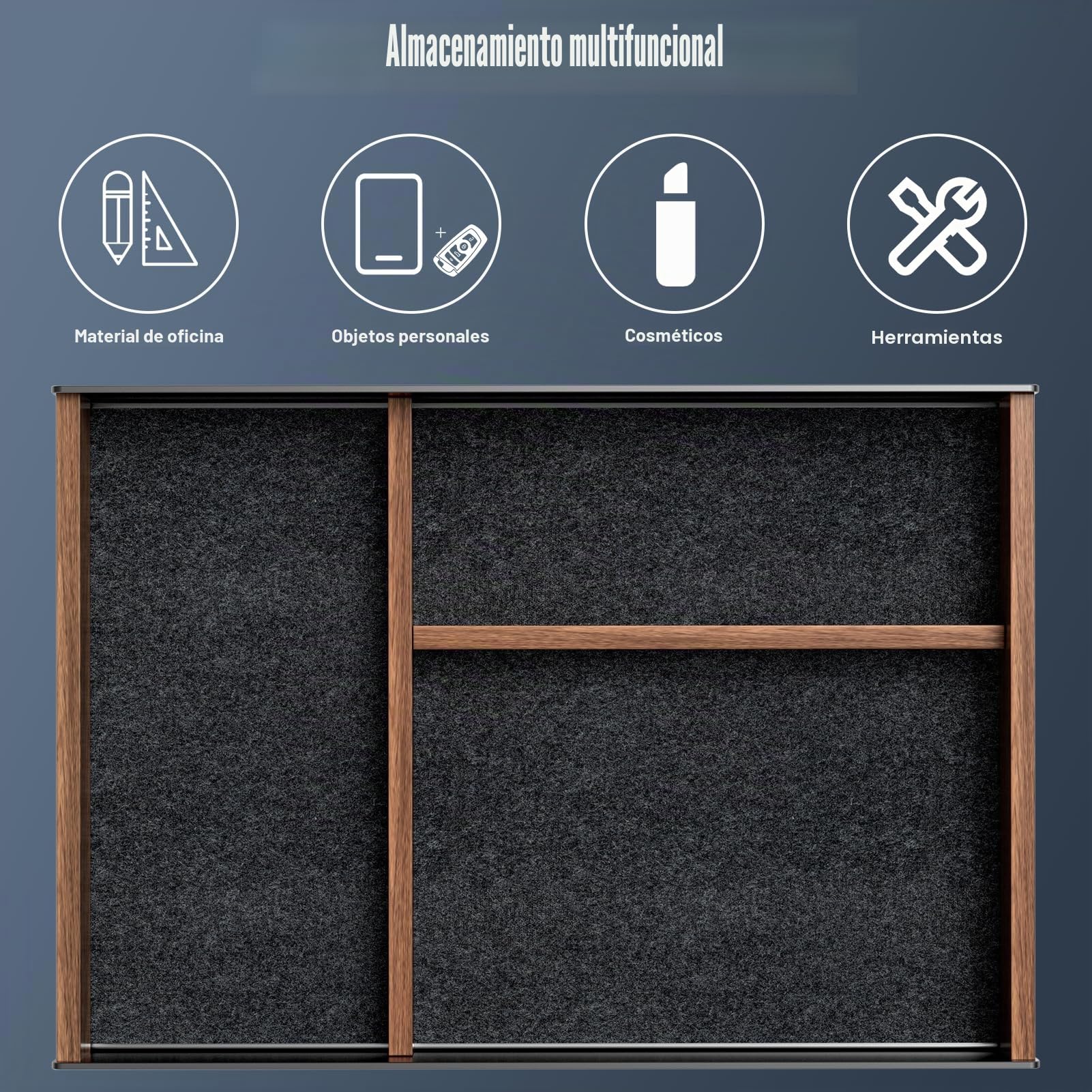 Bandeja organizadora de cajones de escritorio de madera de nogal, bandeja de valet hecha de aluminio y madera, accesorios estéticos de escritorio para oficina, espacio de trabajo, almacenamiento de