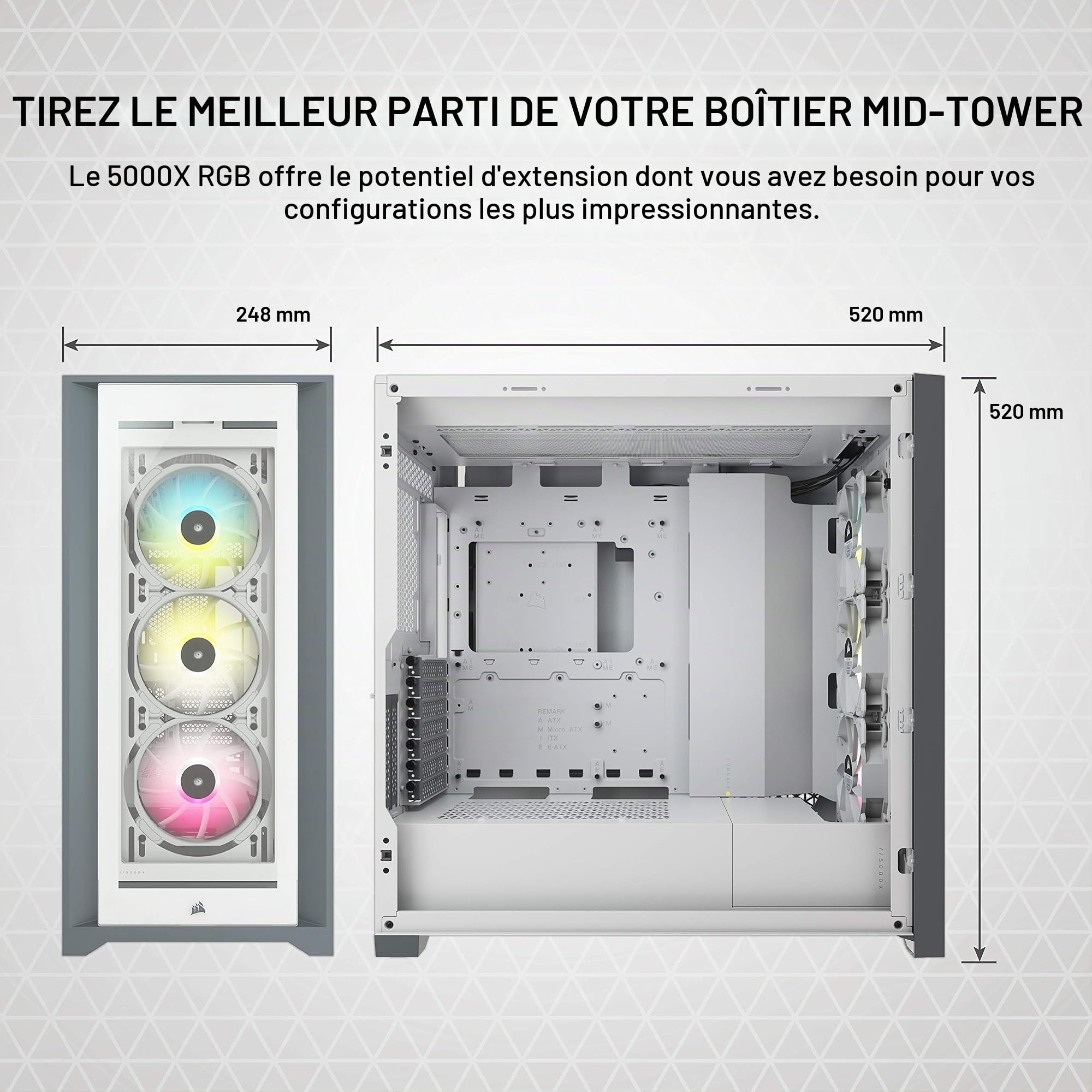 Corsair iCUE 5000X RGB Moyen-Tour Connecté en Verre Trempé Boîtier (Quatre Panneaux en Verre Trempé, Système de Câbles RapidRoute, Trois Ventilateurs RGB de 120 mm Inclus, Éclairage Intelligent) Blanc