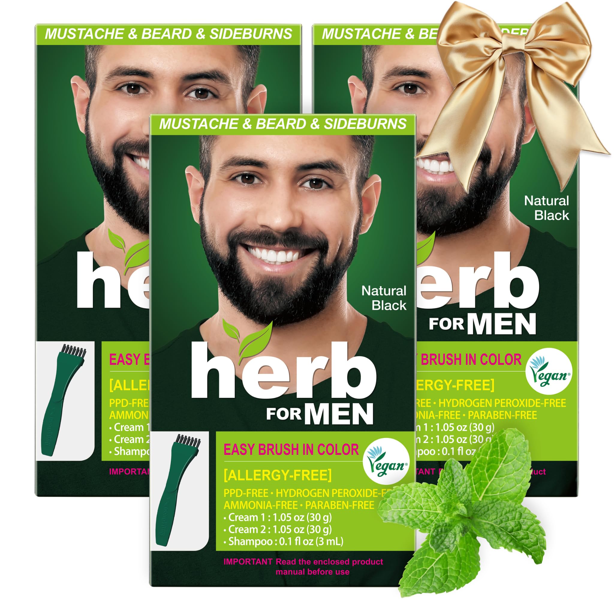 Herb For Men Mustache & Beard Dye (Nature Black, 3 Pack), PPD-Free Ammonia-Free, Vegan with Natural Ingredients, Odorless, Gentle for Sensitive Skin, No Skin Irritation