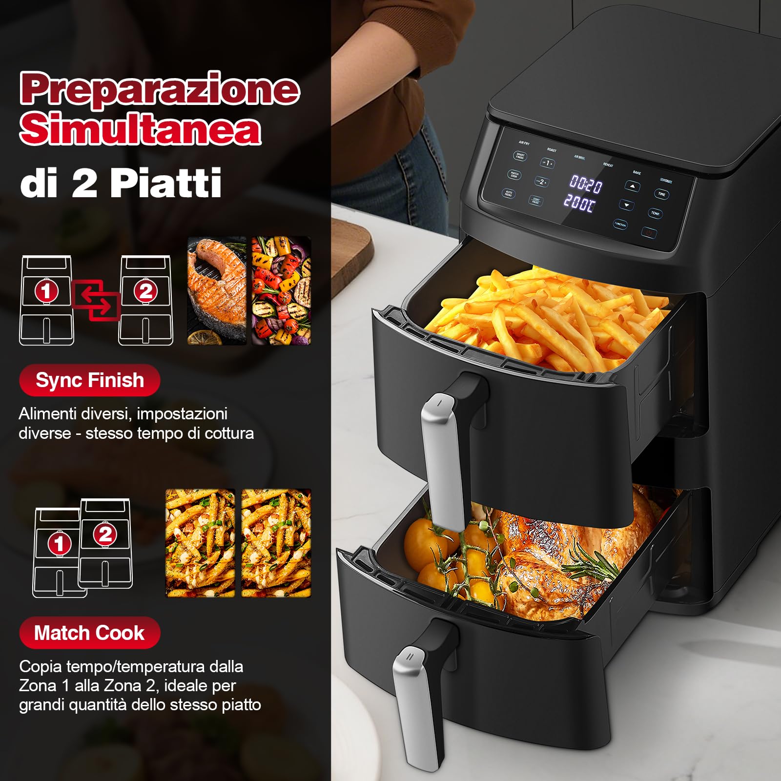 TopStrong Friggitrice ad Aria Doppio Cestello, 11 Litri Verticale Air Fryer 2 Cestelli, 40-220℃, 6 Funzioni & 8 Programmi Di Cottura Automatici, Dietetica, Compatta, 2500W, Fino a 8 Persone, Nero