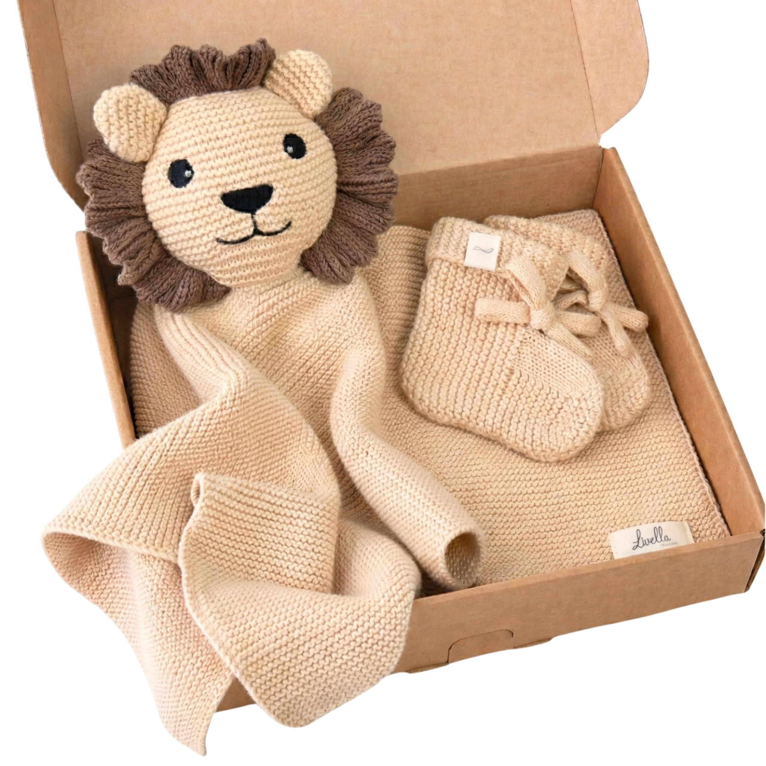 Livella Kuscheltuch „Löwe“ mit Söckchen in Creme - Reine Bio-Baumwolle – Schmusetuch, Kuscheldecke, Schmusedecke, Strickdecke - Samtweich & atmungsaktiv - Oeko-TEX® Standard 100 & GOTS Zertifiziert