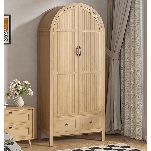 Wardrobe Closet, Modern Armoire Wardrobe Closet with Drawers and 2 Arched Fluted Doors, 70.87‘’ Tall Wooden Bedroom Armoires with Shelves and Hanging Rod (1, Wood Color,17.71''D)