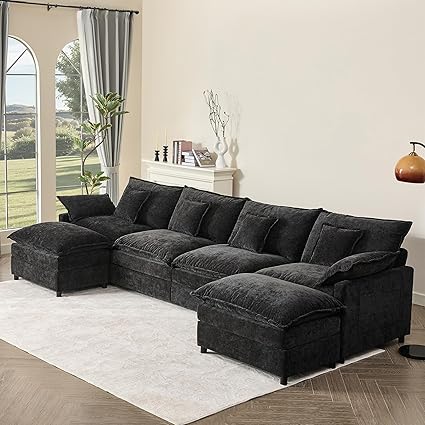 142.5" U Shaped Couch, Modular Sectional Sofa, 3-Seater Comfy Cloud Couch with Movable Ottoman, Deep Seat Couches for Living Room, Chenille, Black