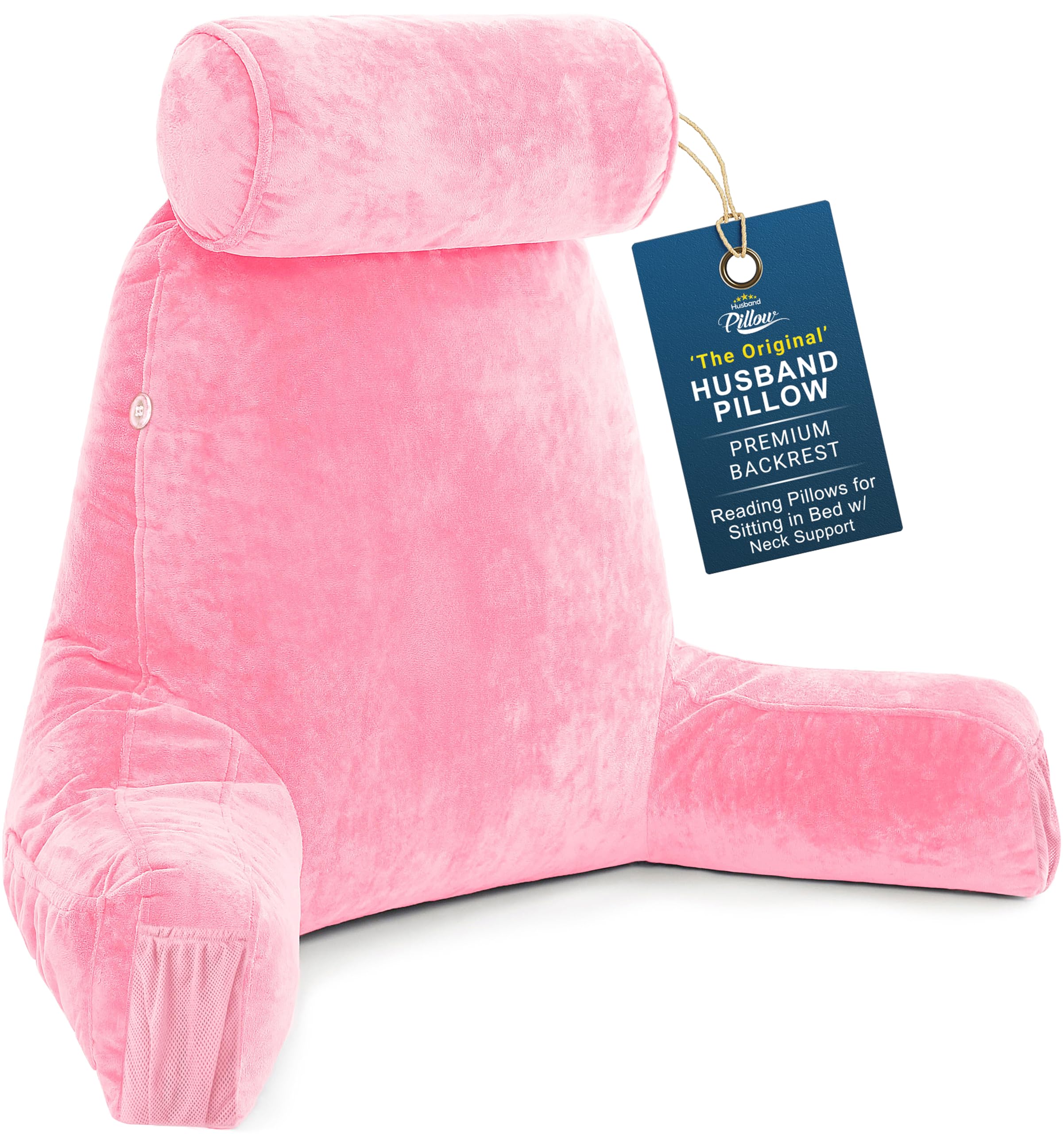 Husband Pillow Medium Reading Pillow with Arms - 23" Backrest for Sitting Up in Bed - Firm Support Bed Rest Pillow for Adults, Neck Roll, Removable Cover - TV, Reading, Lounging - Pink