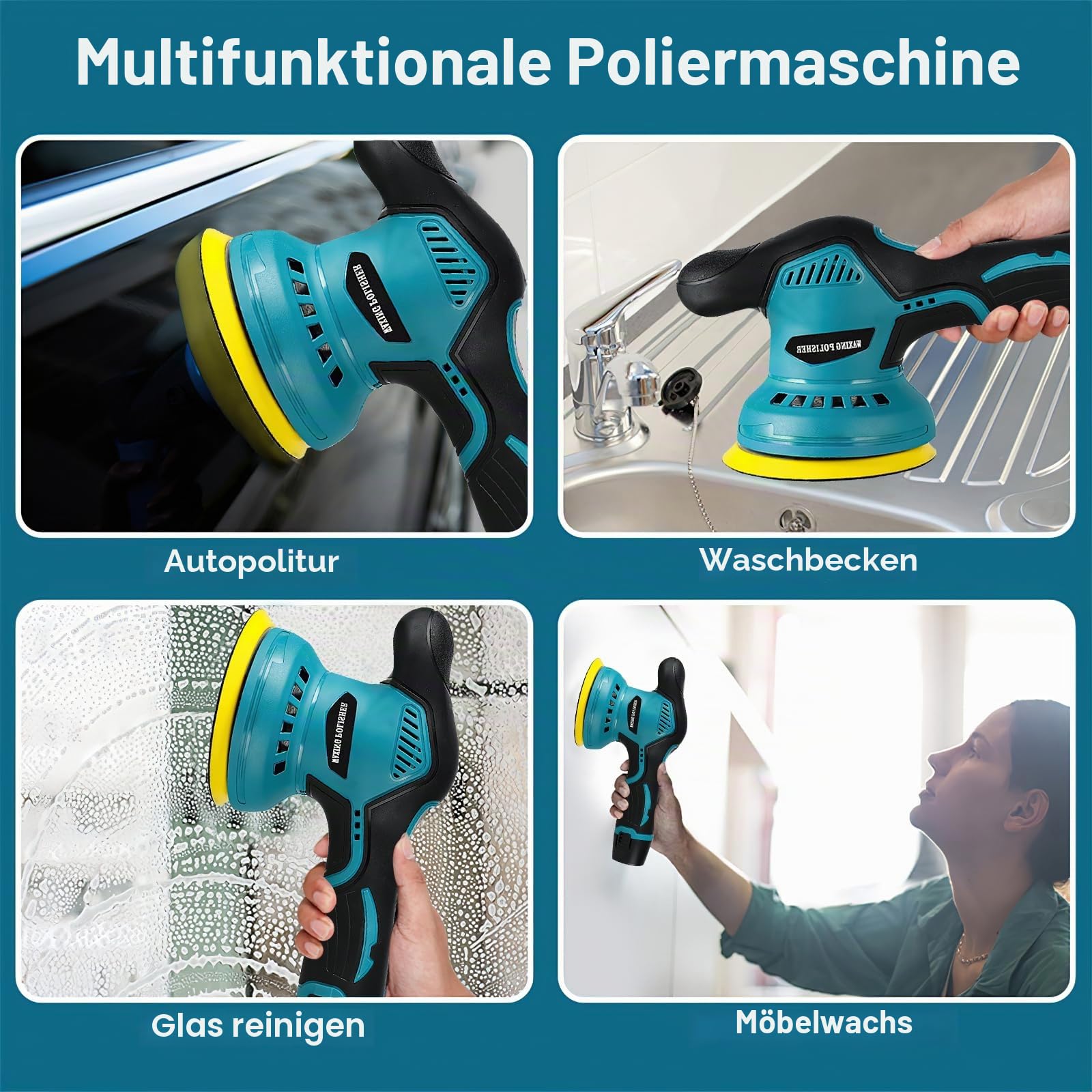 Akku Poliermaschine für Auto, Kabellose Exzenter Poliermaschine mit 8 Geschwindigkeiten (2800-5500 RPM), 125mm, Polierset für Autowachs & Kratzerentfernung, für Auto Boden Möbel (2 Akku)