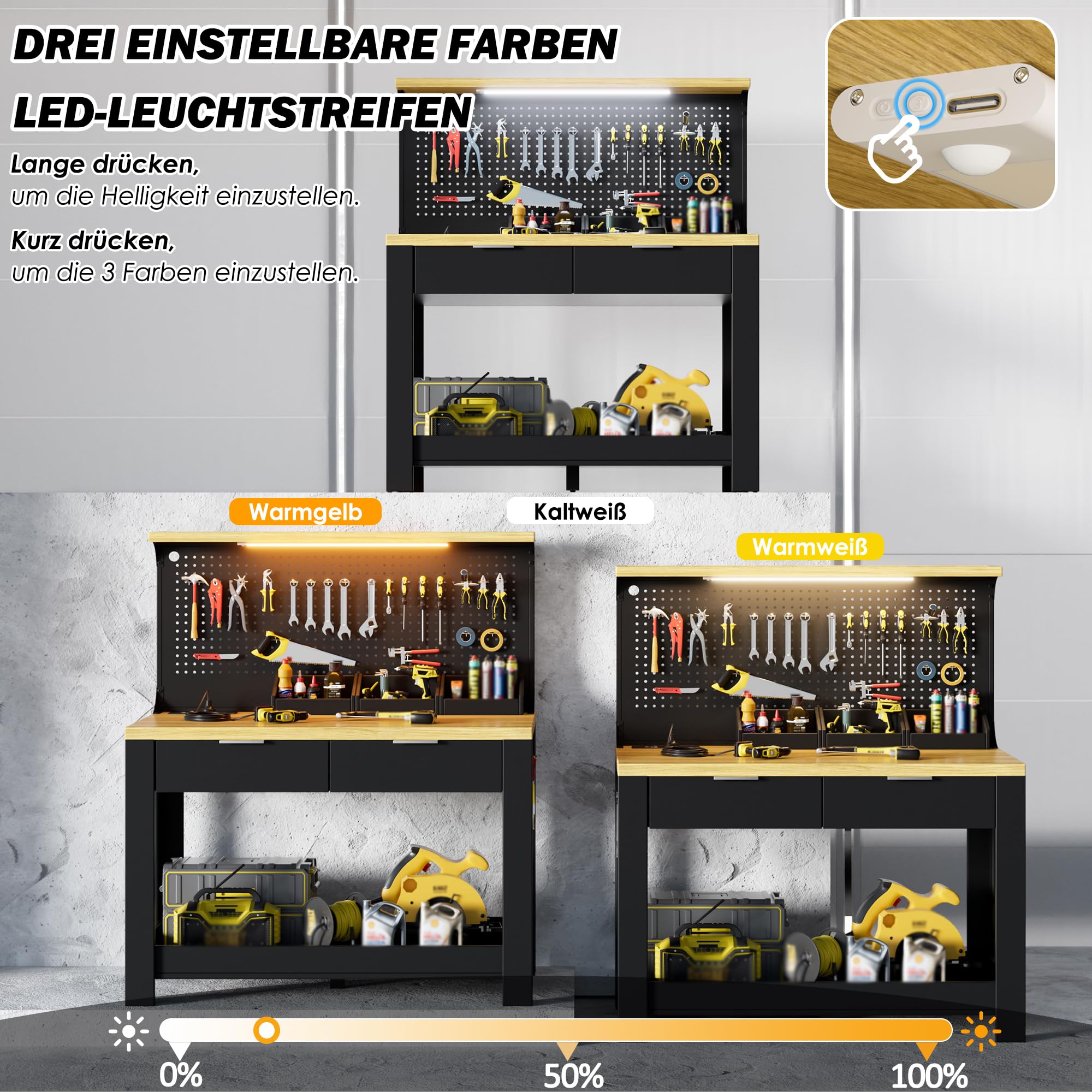 Werkbank mit LED-Arbeitsleuchte und Steckdose, Werktisch mit 2 Schubladen,Lochrückwand & DREI Ablagefächer Werkzeugbank Multifunktionstisch für Garage Werkstatt, 200KG Belastbarkeit 56x110x135CM