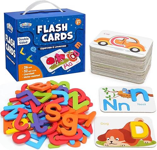 BenBen Tarjetas didácticas del alfabeto, 52 letras de madera en mayúsculas y minúsculas, 26 tarjetas didácticas, juguetes de aprendizaje Montessori