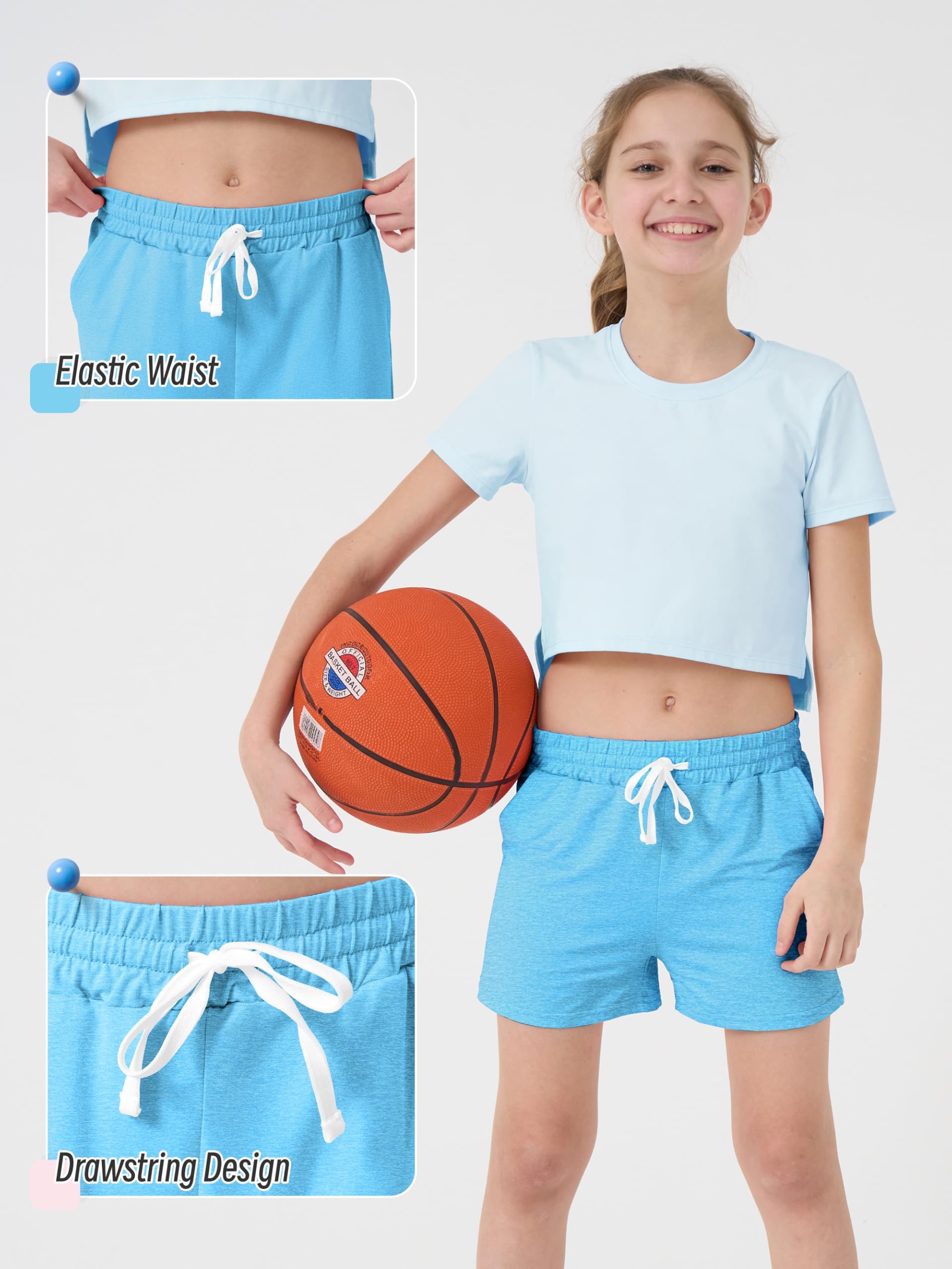 QWE Paquete de 5 pantalones cortos deportivos para niñas, para fútbol, correr, rendimiento, pantalones cortos deportivos de baloncesto con bolsillo con cordón