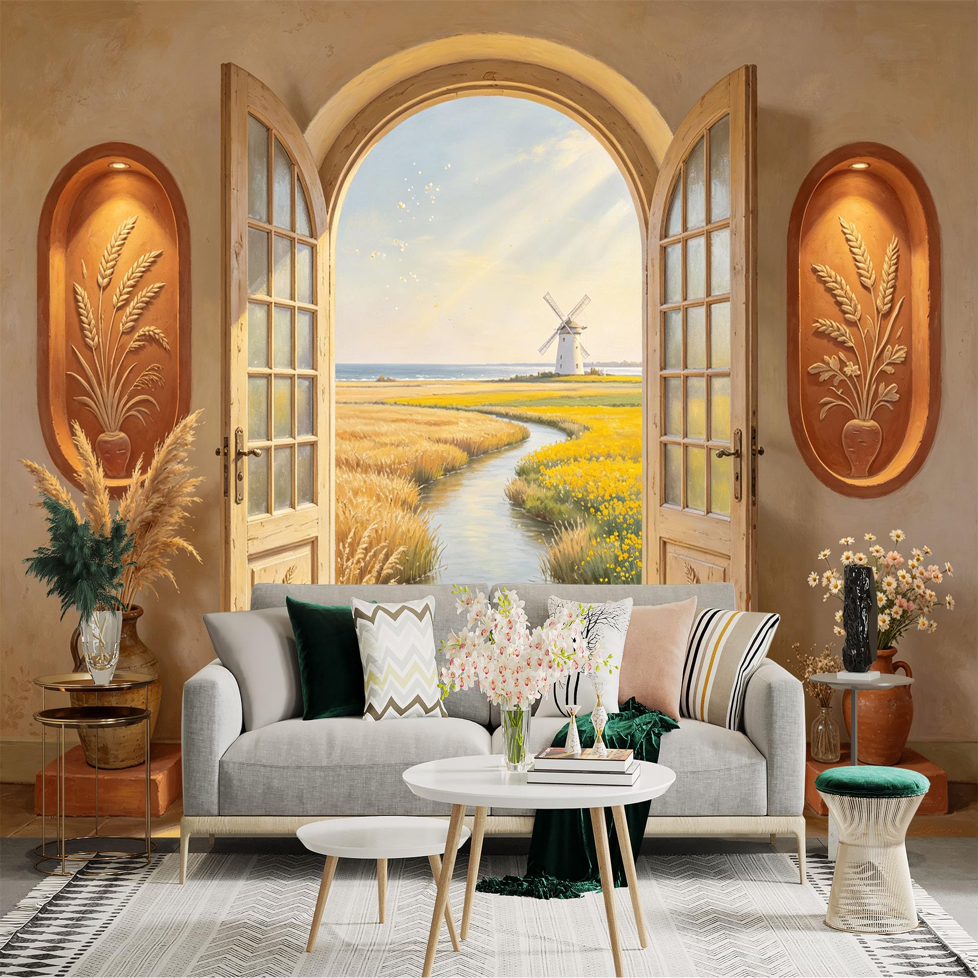 Custom Size Wall Sticker Mural， Rustic Window View， Wheat Field， River Path， Windmill Landscape， for wall Decoration， peelandstick wall Decals.
