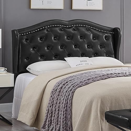 24KF Moderna cabecera tapizada con alas en la parte trasera con botones, de piel sintética, con relleno, cómoda y a la moda, tamaño Queen