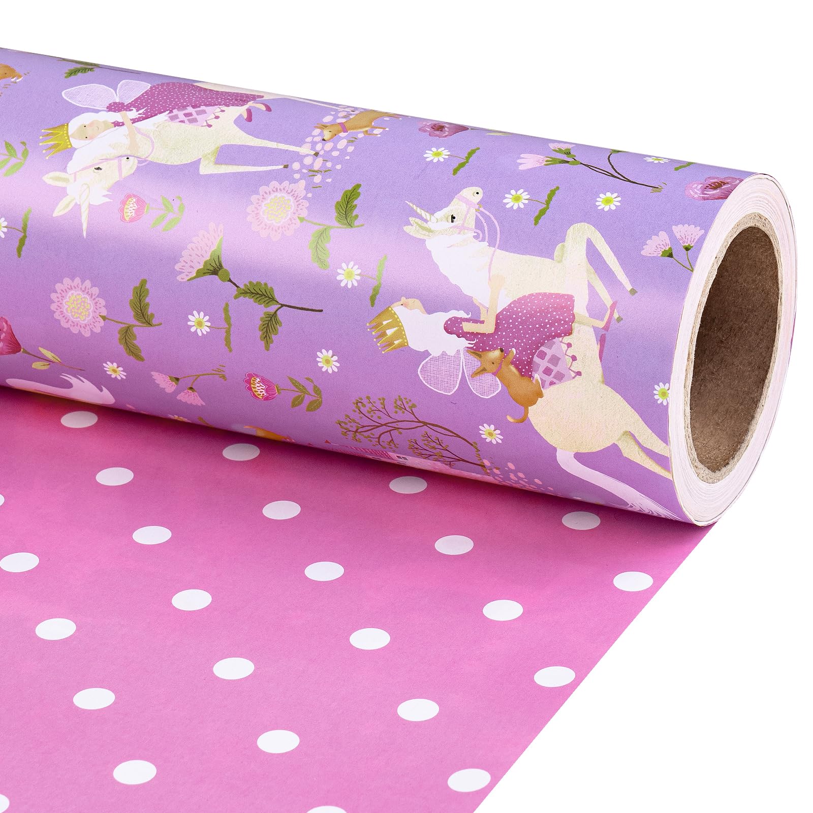 RUSPEPA Reversible Unicorn Mini Wrapping Paper Roll, Fairytale Castle & Pink Polka Dots for Girls’ Princess Themed Birthdays and Parties, 43.2cm x 3m