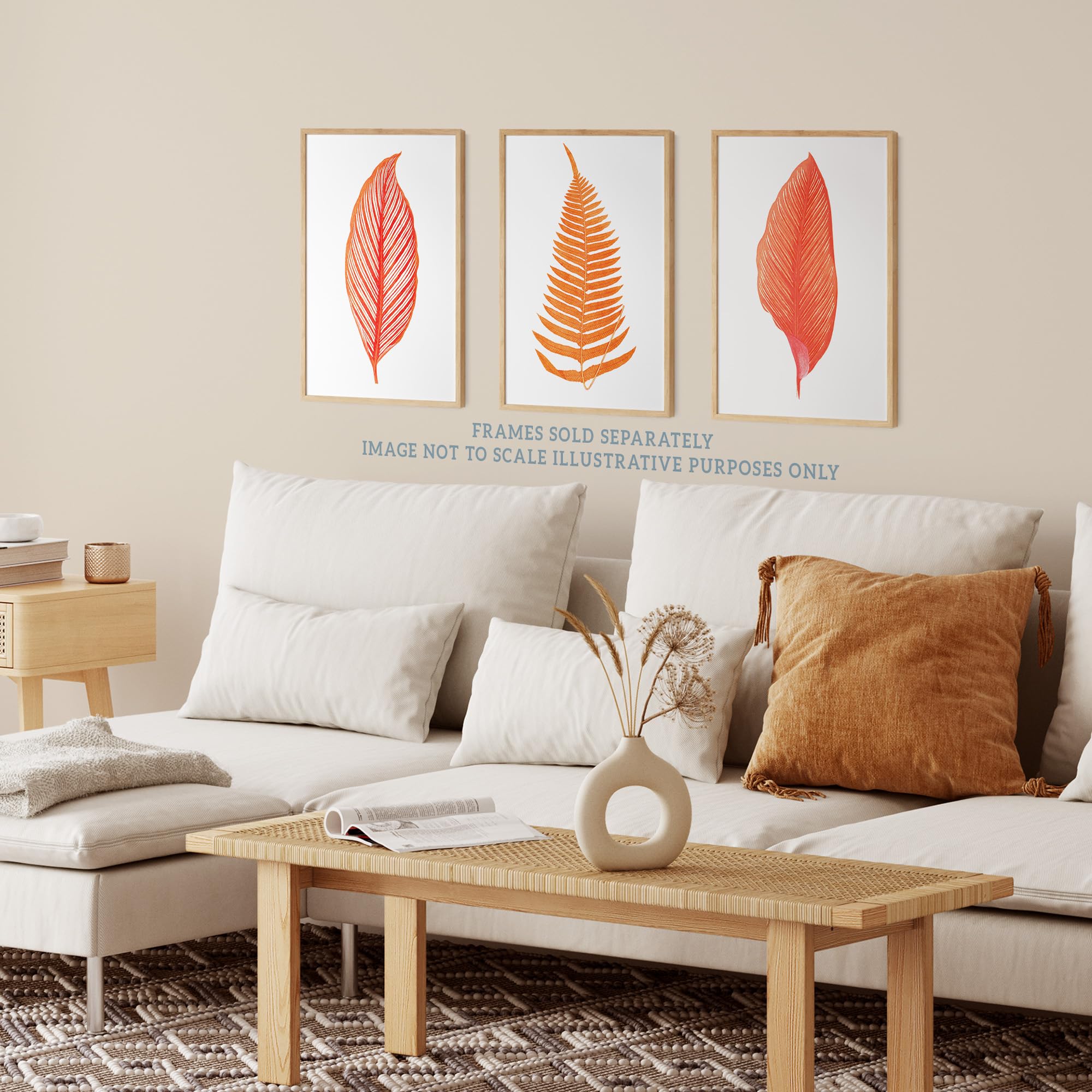 Wee Blue Coo Pack of 3 Elegant Fern Frond Plant Tree Bright Orange Leaf Detailed Foliage Botanical Unframed Wall Art Living Room Prints Set - Image 3
