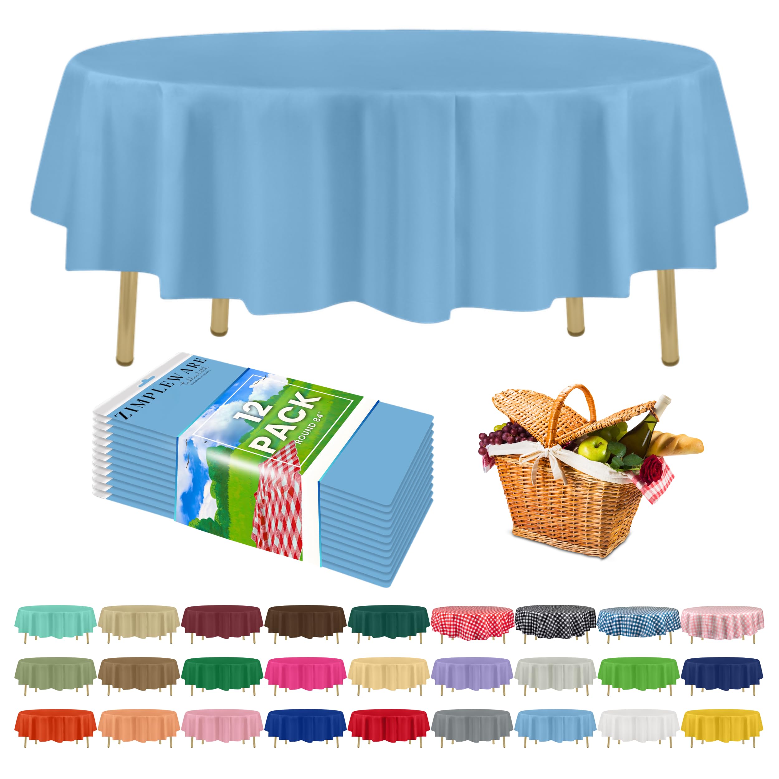 ZIMPLEWARE Premium Sky Blue Plastic Table Cloth Disposable (12 Pack) Round Tablecloth (84in) Party Table Cloths Disposable, Perfect Table Cloth Round Cover for Any Table Up to 6 Feet โ image 1