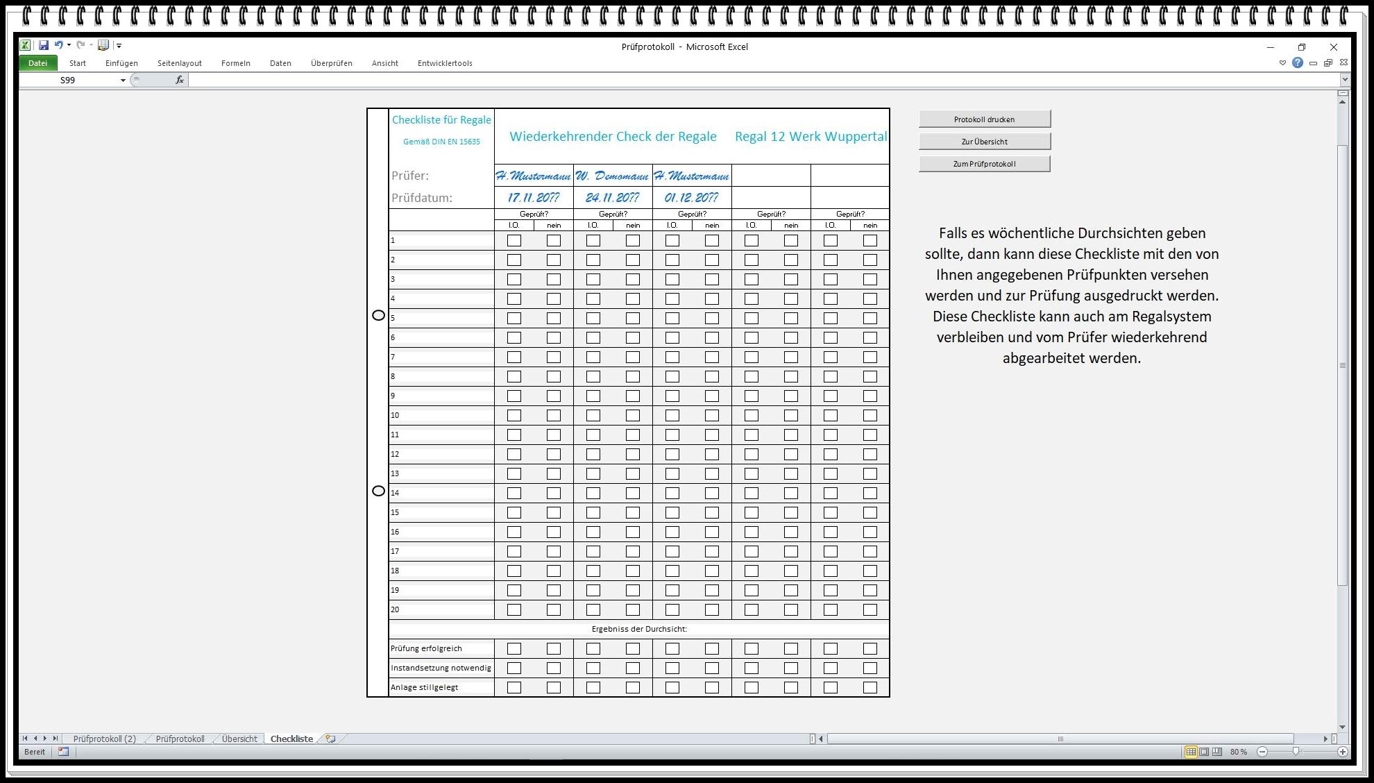 SEK DGUV Prüfbuch Regale Excel – Regalprüfung Software nach DIN EN 15635 mit Prüfintervallen, PDF-Export & Erinnerungsfunktion