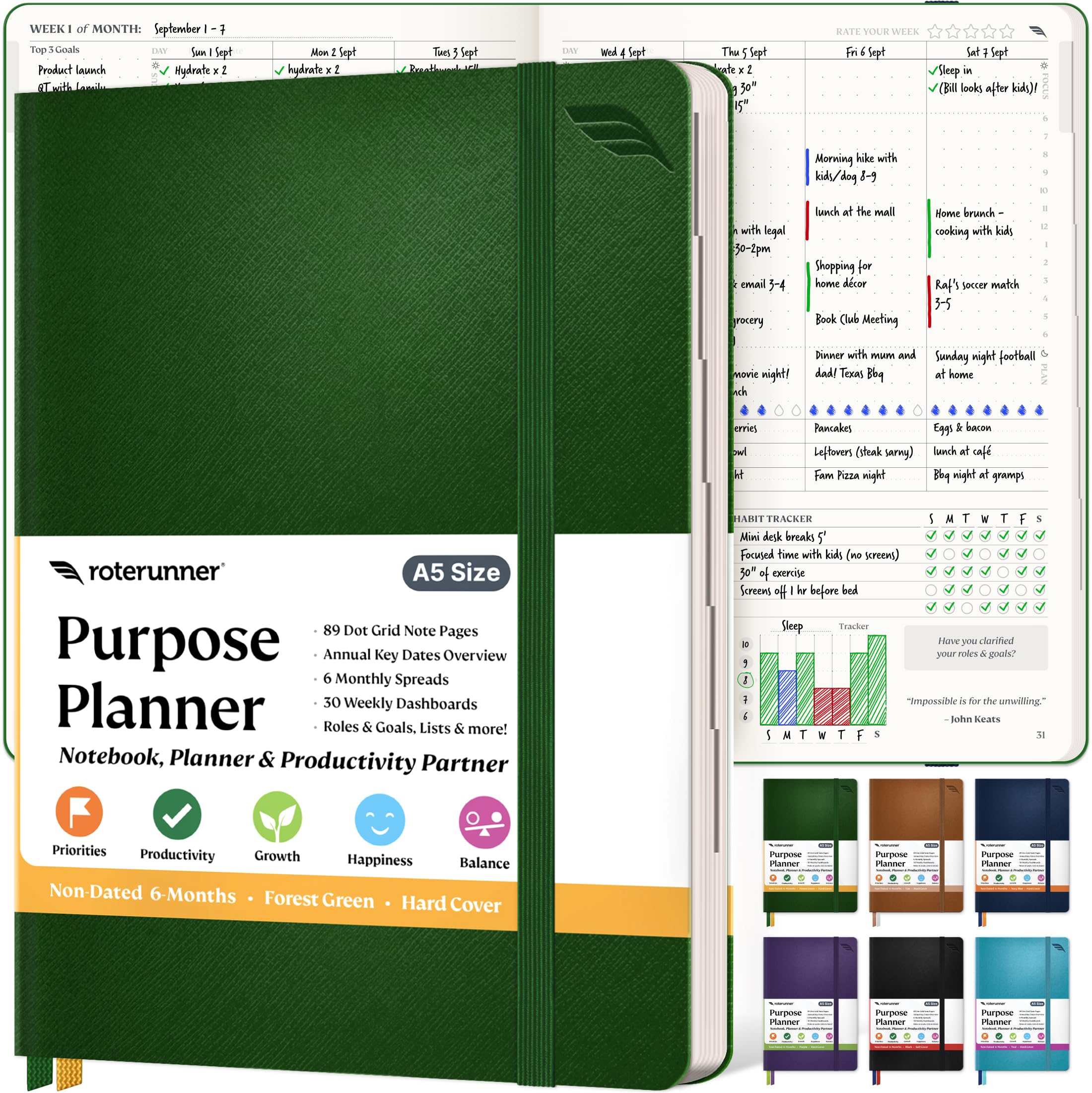 Purpose Planner A5 Undated Monthly Weekly Daily Productivity Journal 2024 Life Health Goal Setting Business Tool for Professionals Moms Academic Student Organizer Notebook (5.8"x8.3" Green Hardcover)
