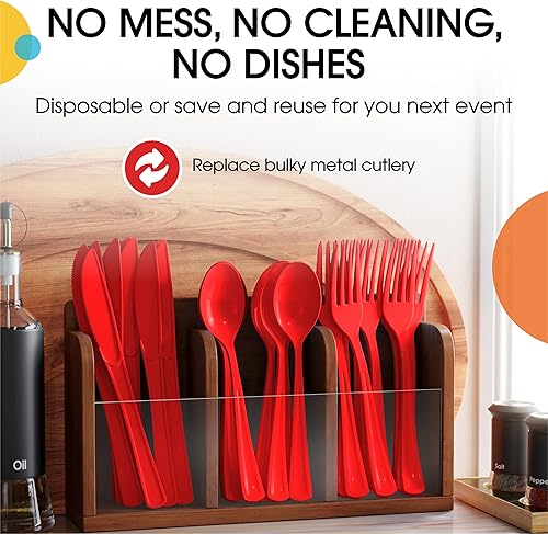 Miniatura 5 de Cucharas desechables de plástico rojo, 100 piezas, cubiertos desechables de plástico rojo resistente, cubiertos desechables rojos, cubiertos de