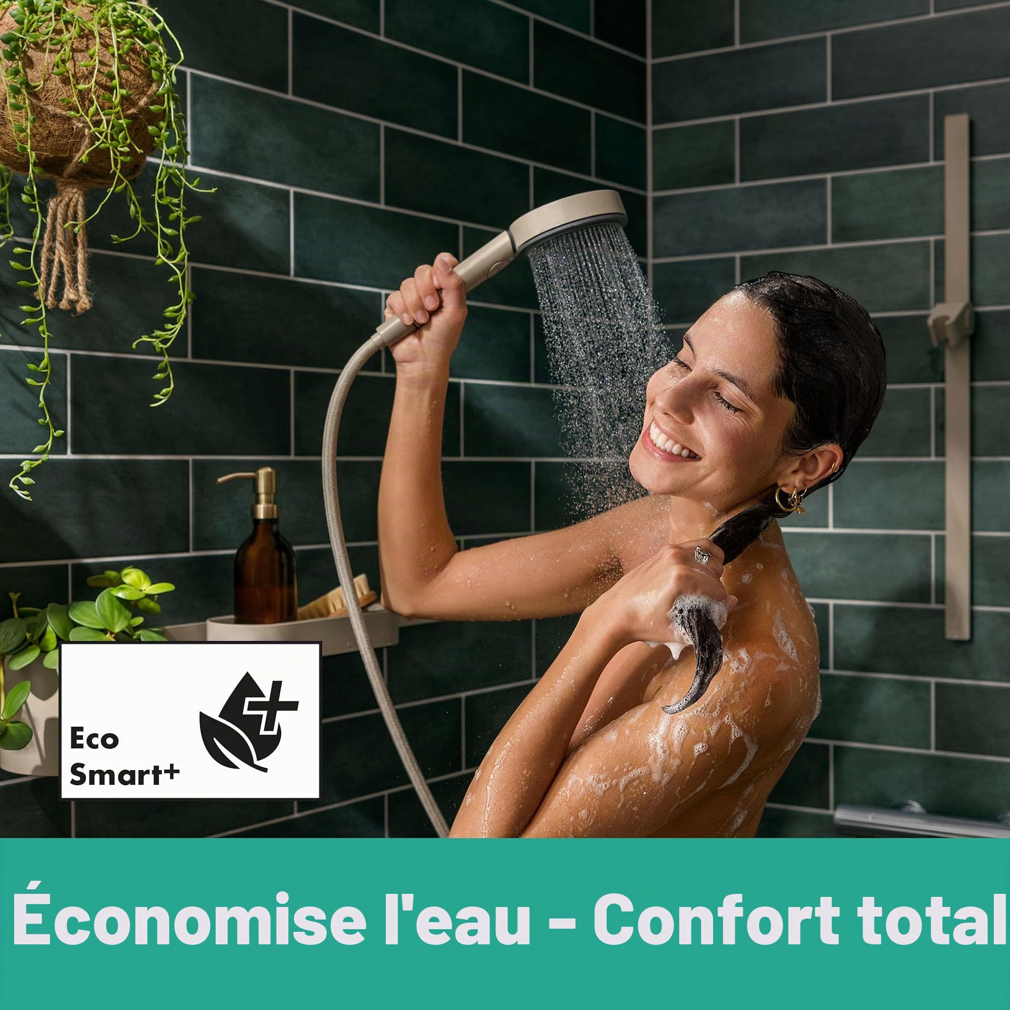 hansgrohe Pommeau de douche Pulsify Planet Edition Pommeau de douche économiseur d'eau 2 jets Fonction anticalcaire Sable recyclé, 26077210