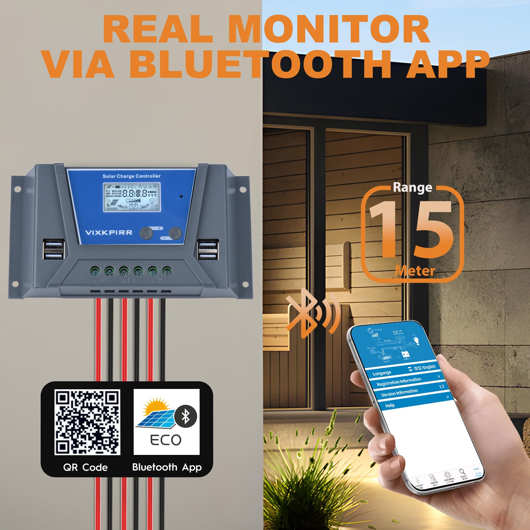 20A Solar Laderegler 12V 24V mit Bluetooth, PWM 20A Solarladeregler mit Temperatursensor LCD Anzeige und 4 USB Ports, Solarregler für Multi 12V 24V Blei Batterien und Lithium Batterien