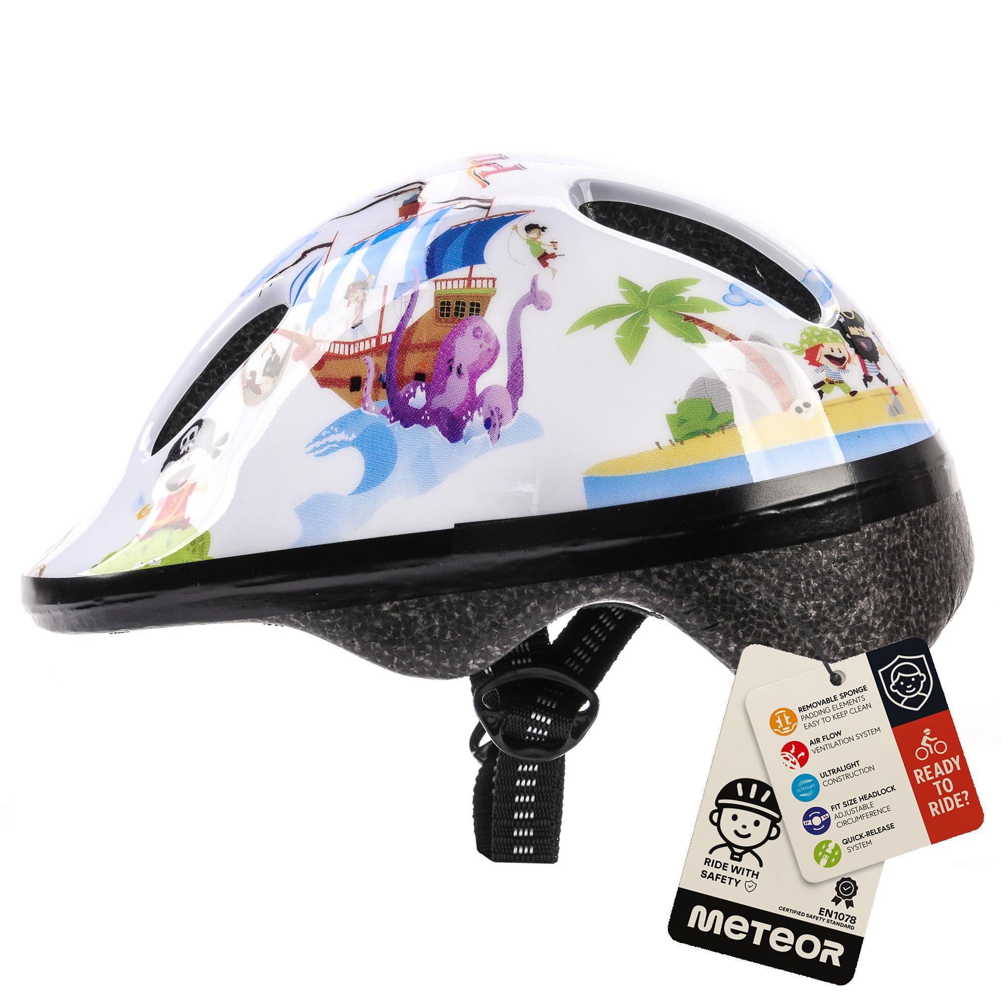 Meteor Kids Bike Helmet Pirate XS 44-48 cm, Toddler & Child Cycling Helmet, Lightweight Adjustable Scooter & Skate Helmet with Airflow Vents, Washable Padding, Safety Head Protection