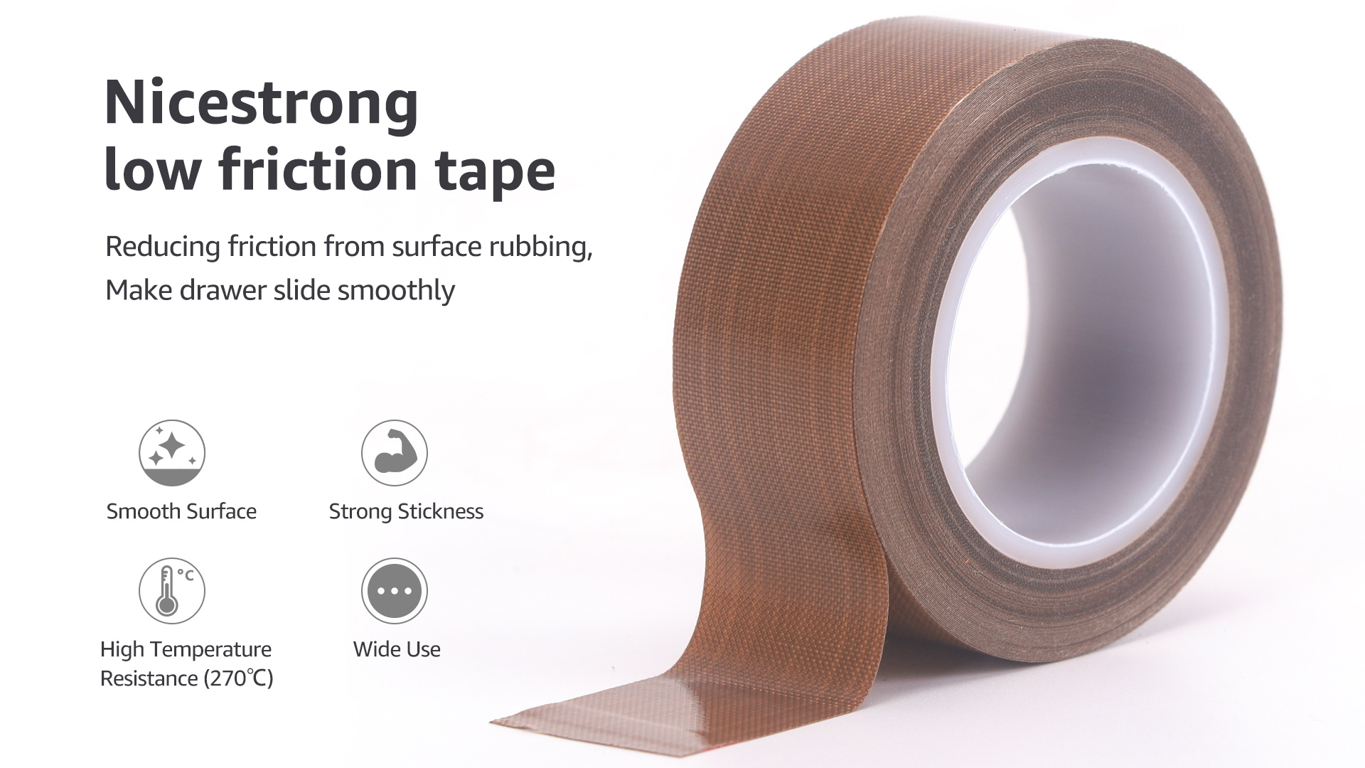 Image of 1 Inch x 33 Feet Low Friction Tape, Cutain Glide Tape, Slides for Drawer, Stuck to the Wood and Makes the Drawers Slide effortlessly and Quietly,Brown