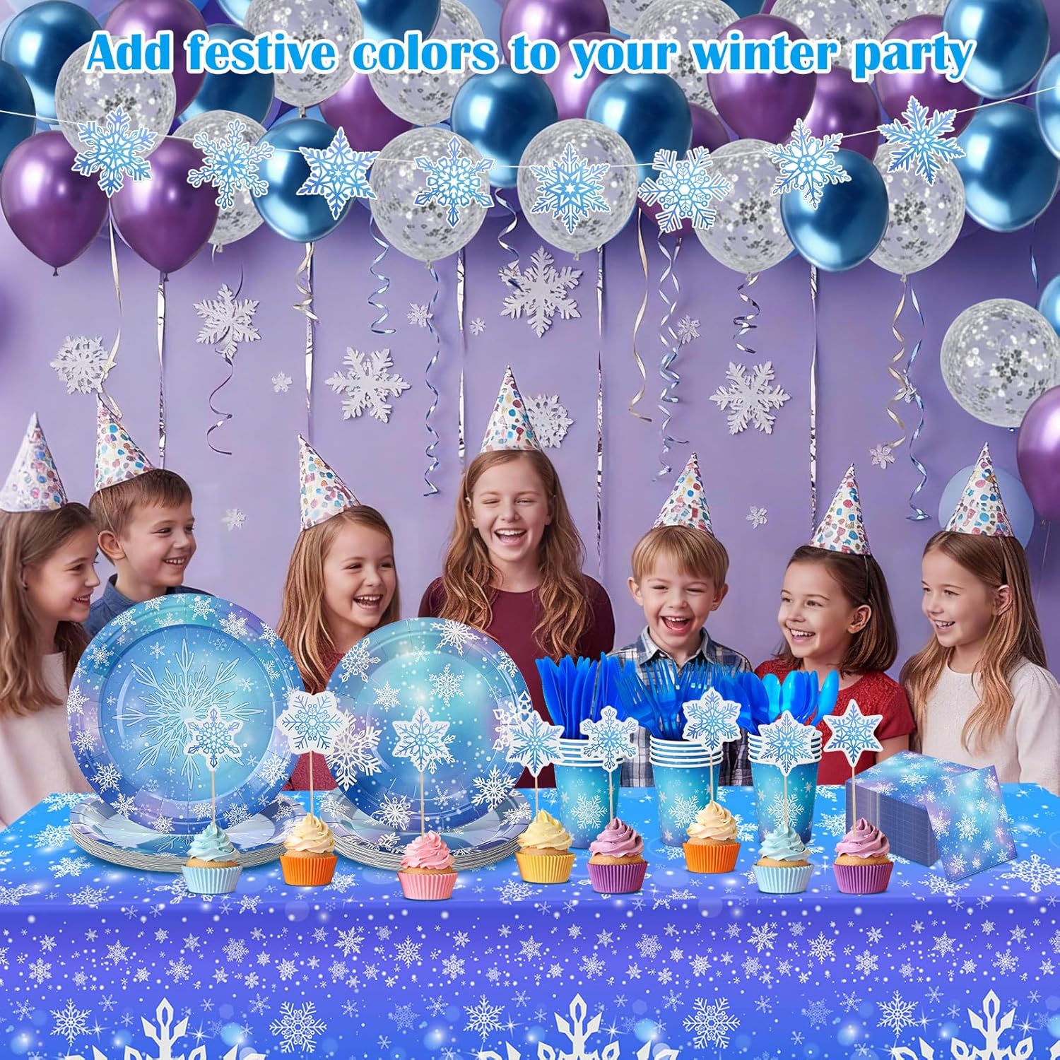 Yungyan 208 Pieces Winter Snowflake Party Supplies Blue Purple Wonderland Disposable Tableware Christmas Snowflake Set Plates Napkins Cups Cutlery Tablecloth Balloons Banner & Cake Toppers, 24 Guests - Image 5