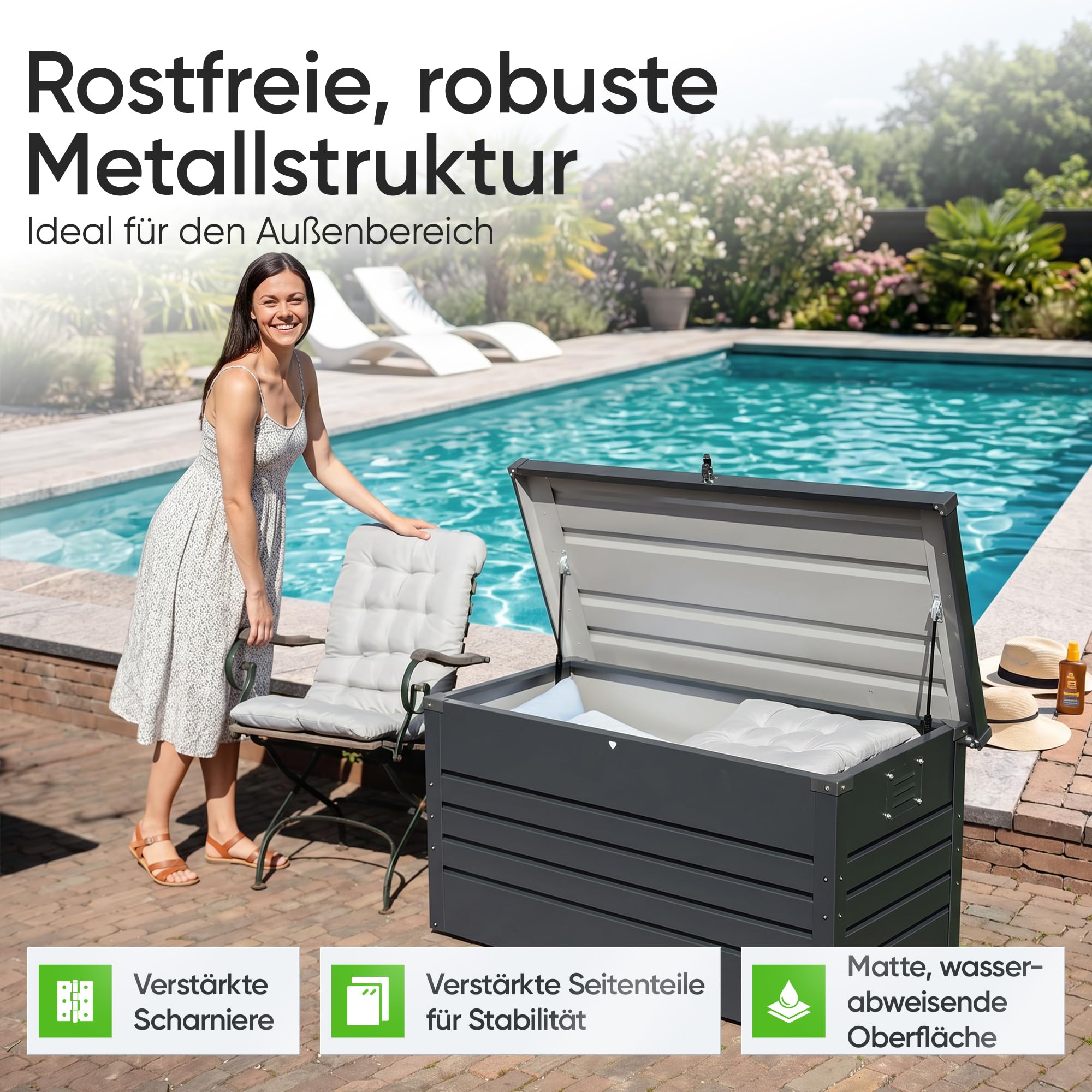 Auflagenbox [Wasserdicht] 385L Metall Gartenbox Kissenbox Outdoor Belüftet für Terrasse Garten Balkon Polsteraufbewahrung Wetterfest Abschließbar XXL Gartentruhe
