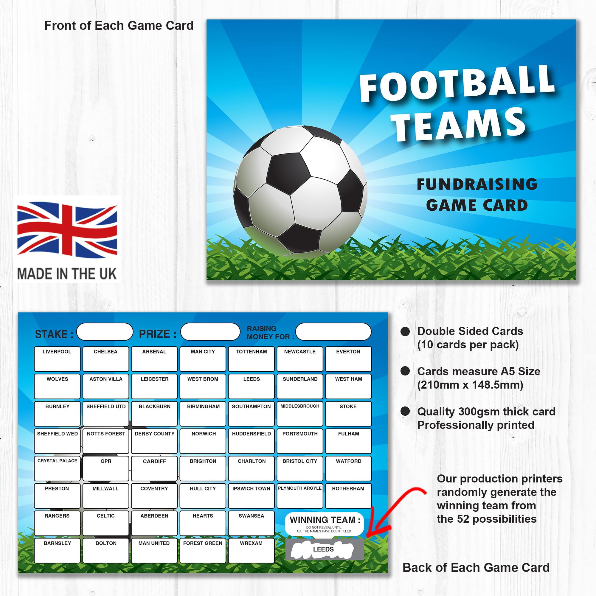 10 x Football Team Fundraising Scratch Cards. A5 Cards with 52 Squares to Raise Money for Charity, Blue / Green - Image 2