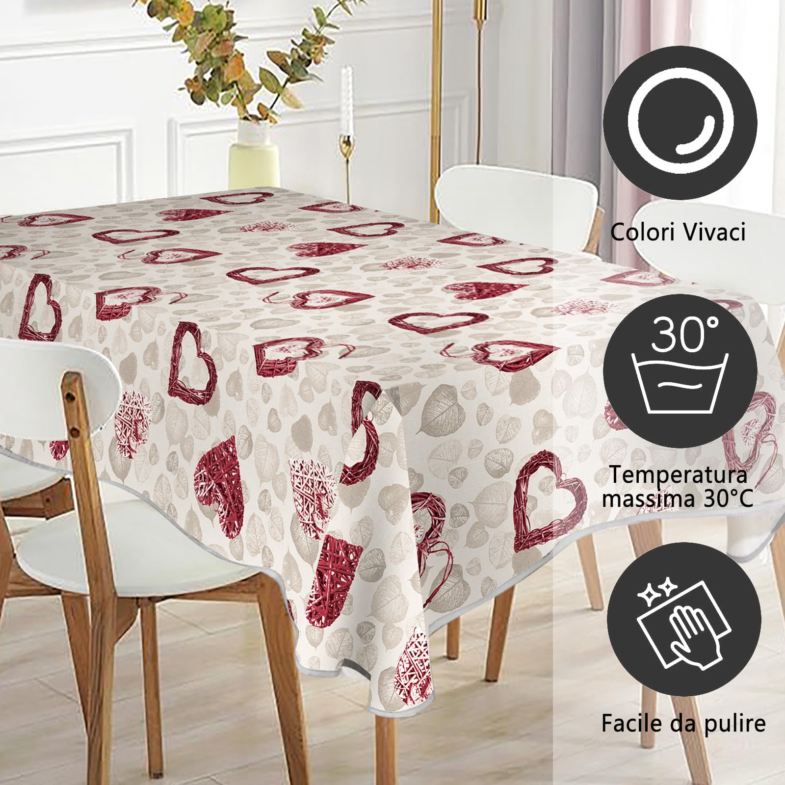 Tovaglia rettangolare stampata impermeabile, stampa ad alta definizione, elegante e resistente,Omaggio 2 Pezzi Pinze Ferma Tovaglia (140_x_240_cm, Cuore Rosso)
