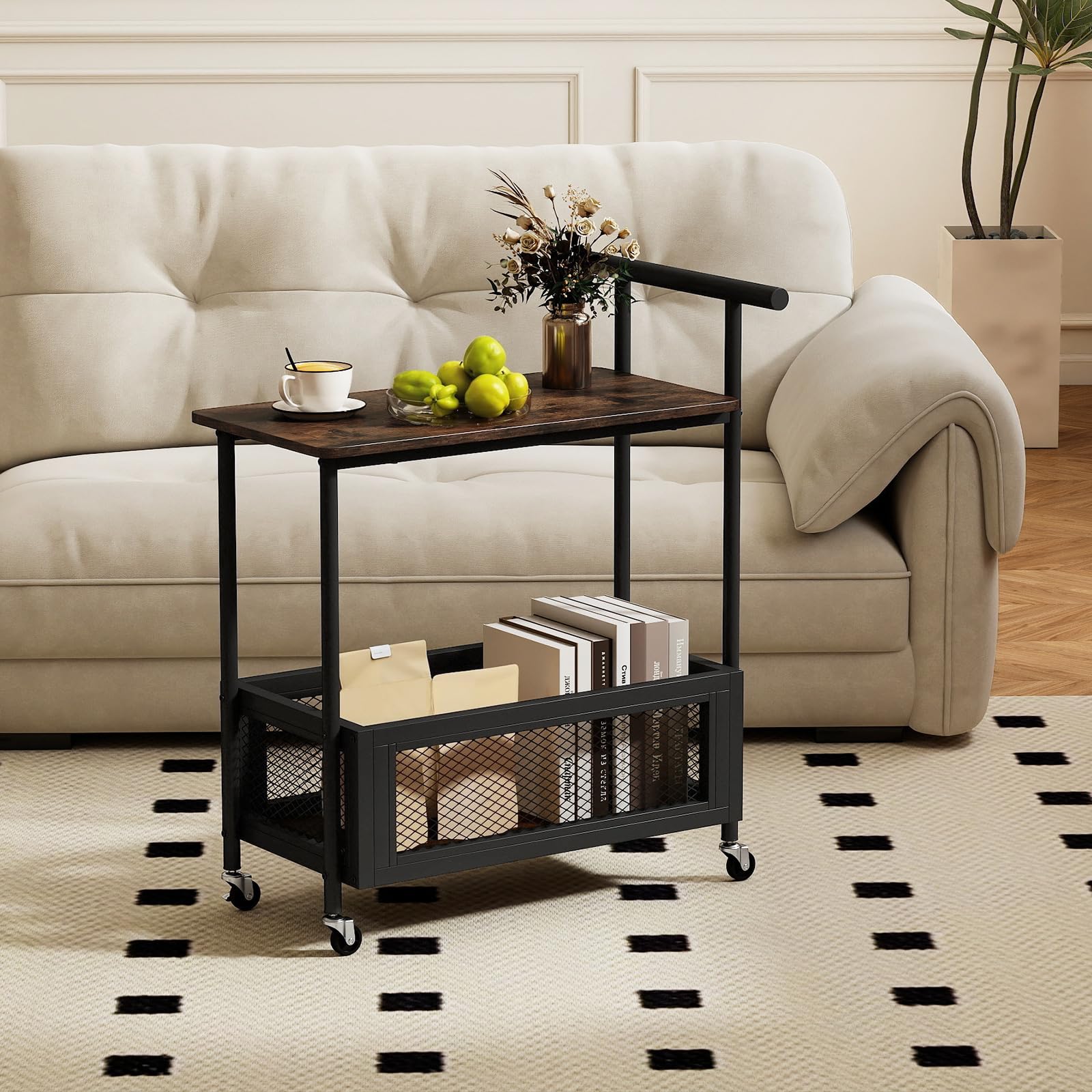 COSTWAY Chariot de Service en Métal avec Plateau en Bois, Desserte de Cuisine sur roulettes avec Rangement, Panier en Maille, Style Industriel pour Cuisine, Salon