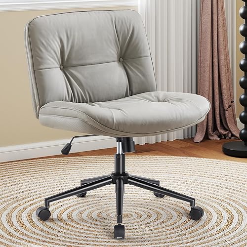 OLIXIS Criss Cross Chair with Wheels, Legged Home Office PU Leather Wide Armless Desk Seat, Rolling Adjustable Swivel Ergonomic Comfy Vanity Seating - With Wheels - Leather-khaki Grey