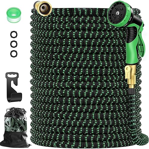 Expandable Garden Hose 50ft with 10 Function Spray Nozzle, Water Hose 10 feet with 3/4" Solid Brass Fittings, Extra Strength 3750D, Garden Hose useful house gifts for Outdoor Lawn Car Watering Plants