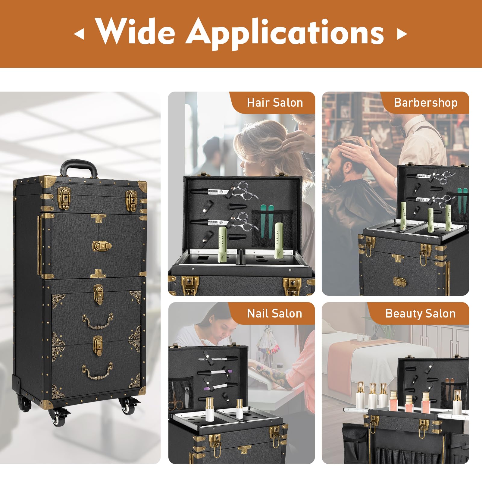 JUOPTGJ Vintage Rolling Makeup Case, Pro Large Heavy Duty Cosmetic Station,Lockable Hair Stylist Rolling Case,Hairdressing Travel Case with Wheels 15.15 * 10 * 31.7in ?