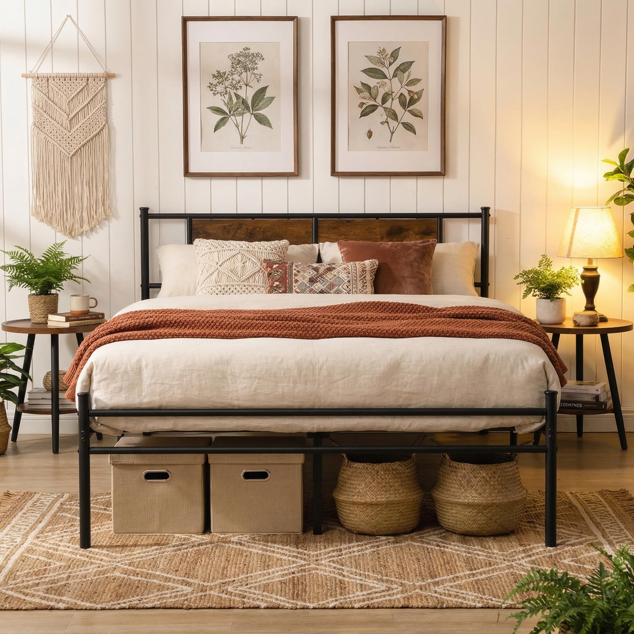 King Size Metal Bed Frame Black Heavy Duty Bed Frame with Wood Headboard for Boys Basic Steel Slats