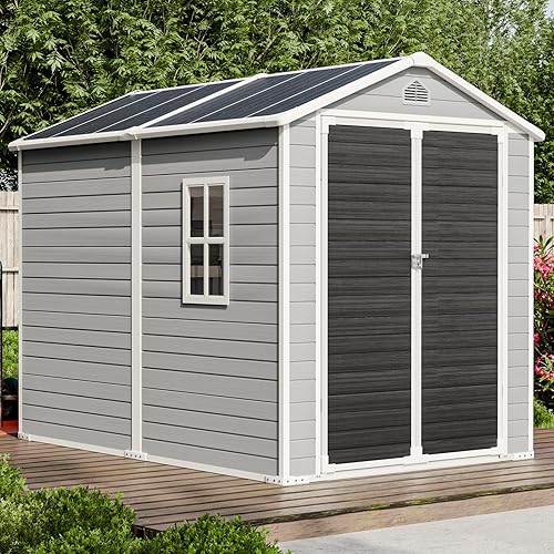 8x6 FT Storage Shed, Large Waterproof Resin Outdoor Sheds with Floor & Lockable Door & Window & Vents, Plastic Tool Shed for Outside, Garden, Poolside, Dove Grey