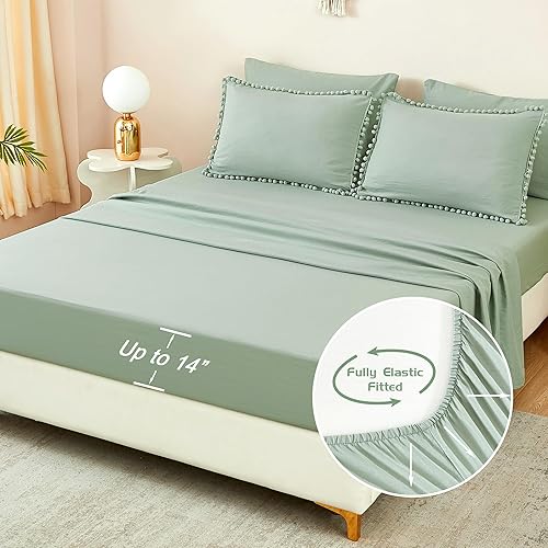 Miniatura 6 de Litanika Juego de edredón tamaño Queen, color verde salvia, edredón de 7 piezas con flecos de pompones, juego de cama bohemio estético con edredón,