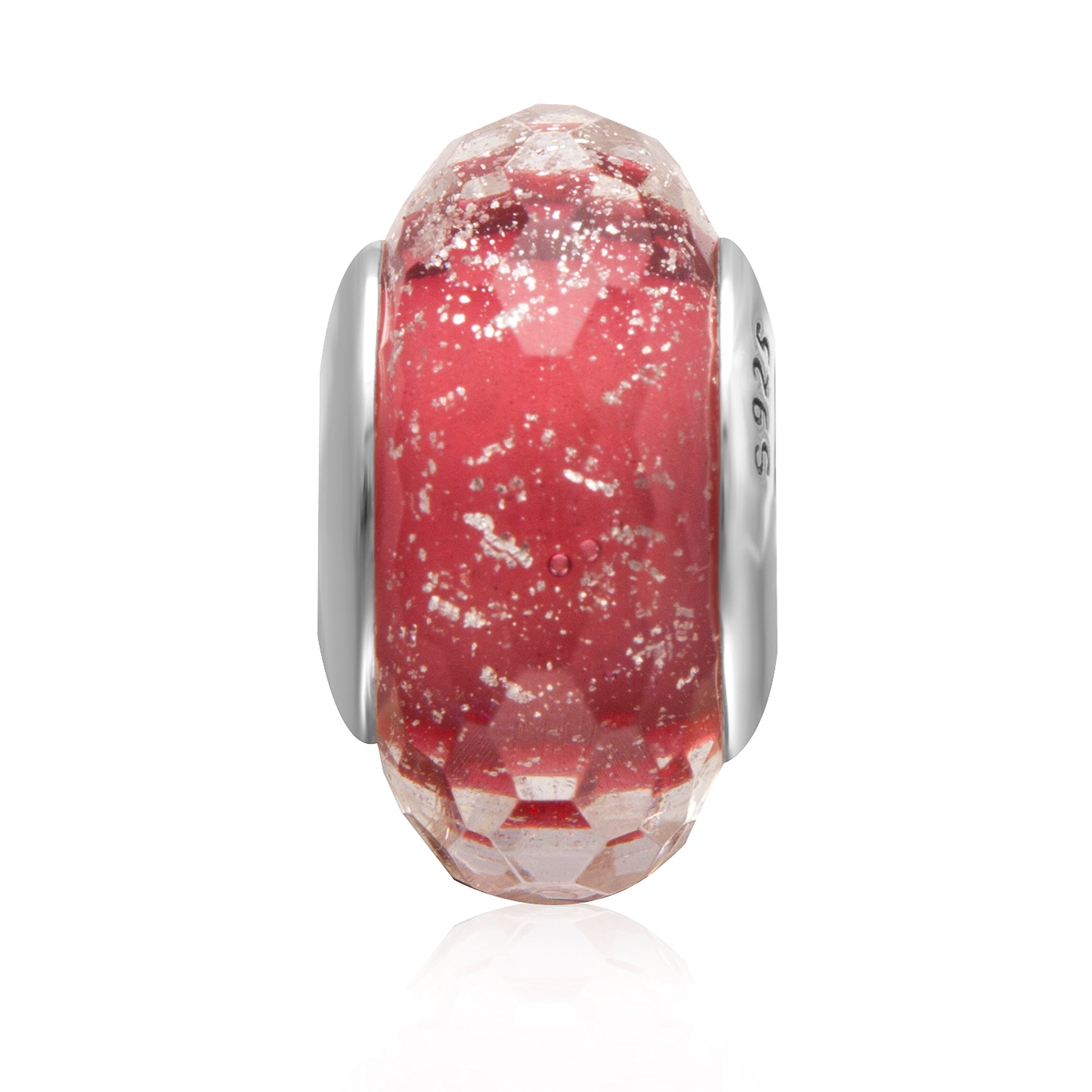 Hoobeads Abalorio de cristal de Murano transparente con núcleo de plata 925 facetado fascinante para pulsera europea (rosa rosa)