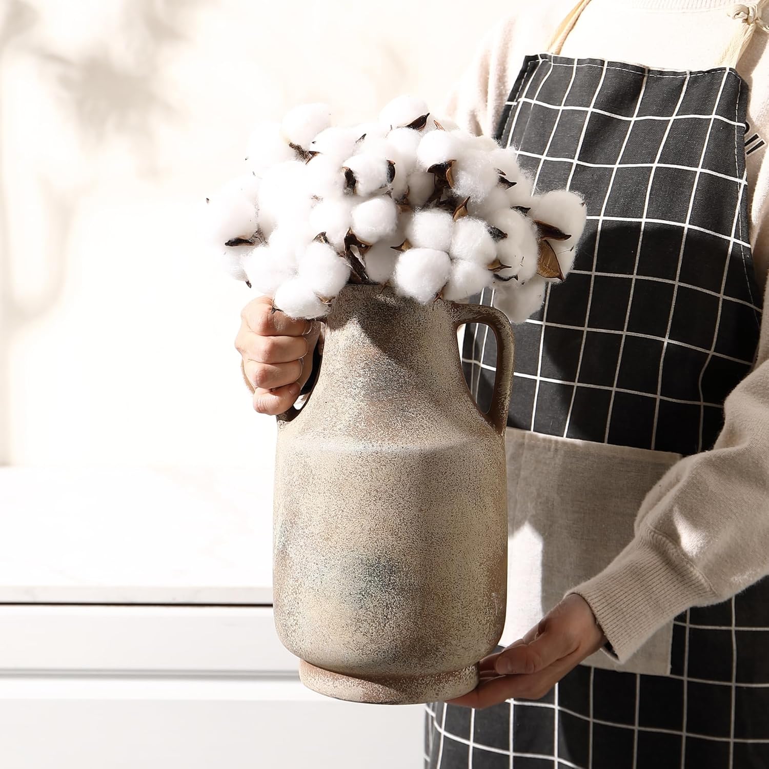 Rustic Ceramic Vases Set of 2, Large Ceramic Flower Vases for Decor, Boho Vintage Vase for Pampas Grass, Stoneware Vase for Home, Living Room, Kitchen, Office, Coffee Table