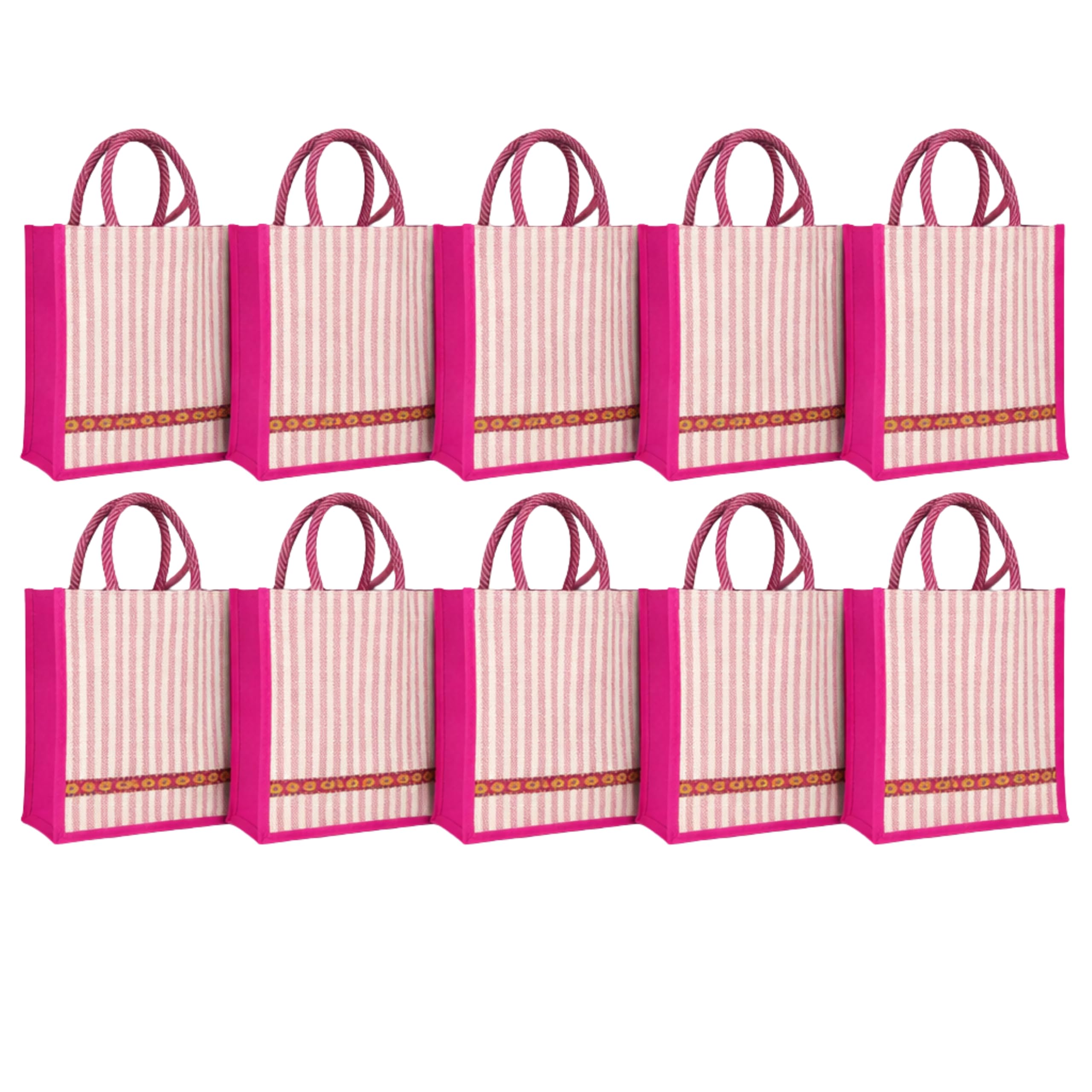 cantainoo Jute Bags for Return Gifts | Return Gift Bags | Eco-Friendly Reusable Jute Bags for Gifting, Shopping & Daily Use (10, Pink Stripe Ethnic - Zip)