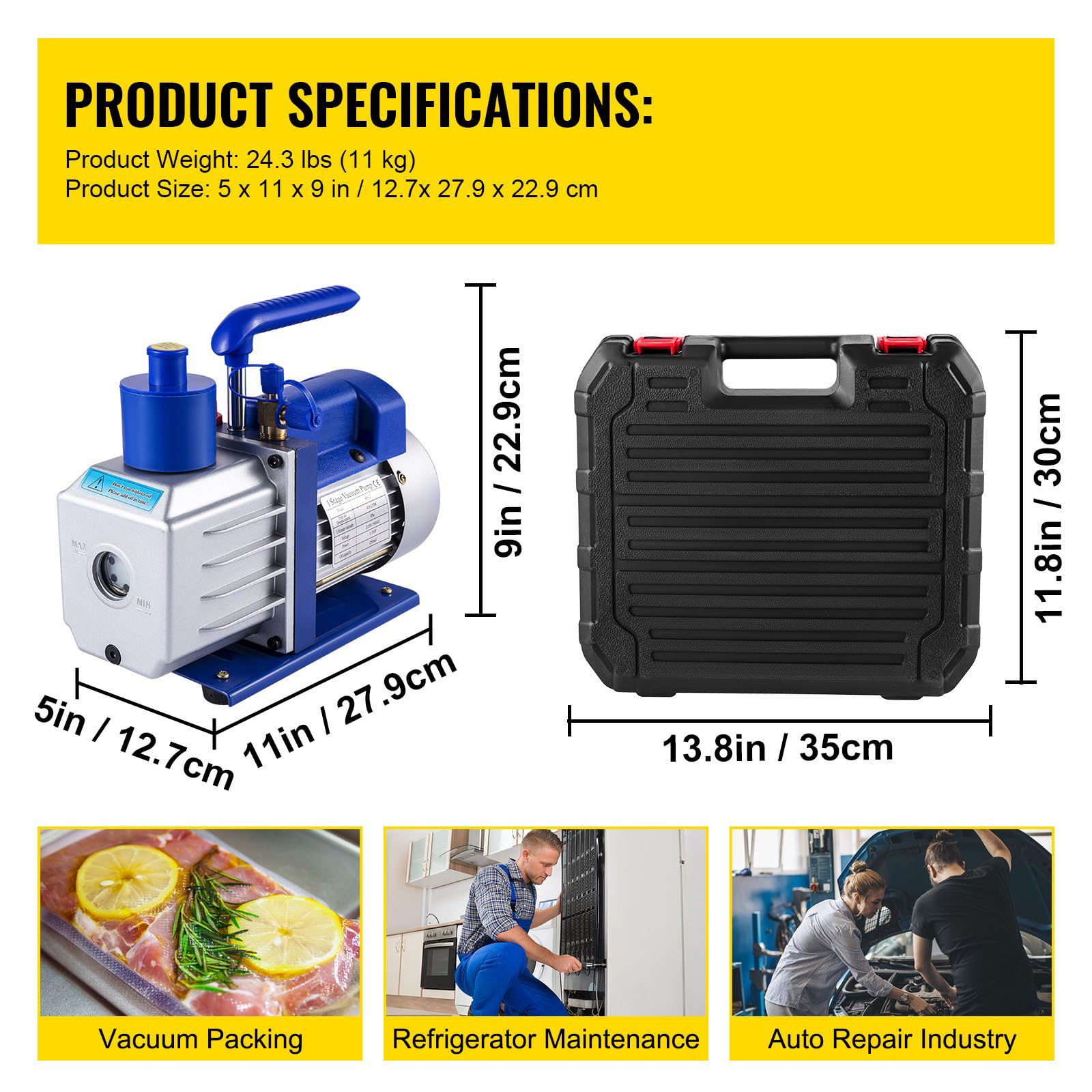Bomba de Vacío para Climatización, Kit de Bomba de Vacío para R12, R22, R502, R410A, R134A, Bomba de Vacío Ideal para HVAC, Climatización Auto, Desgasificación (4,8 m³/h - 1/3 CV)