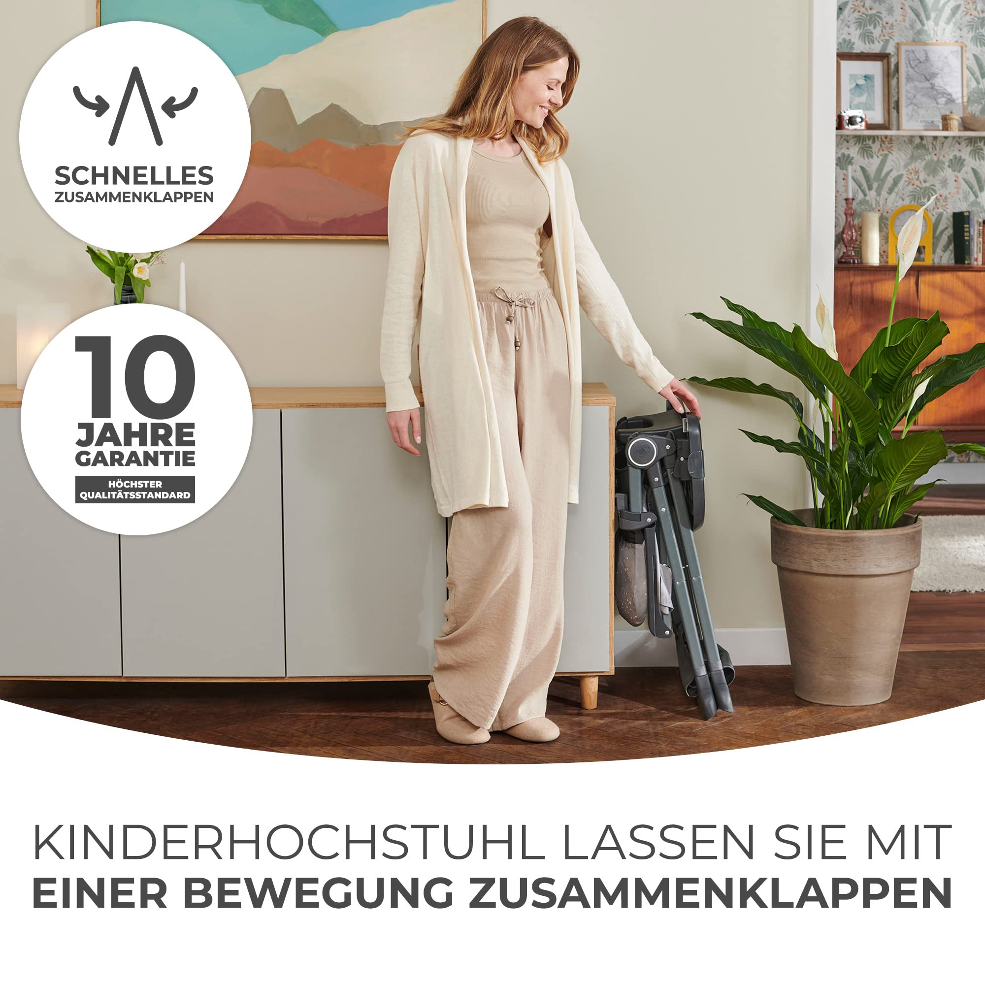 Kinderkraft FOLDEE Hochstuhl Baby, Kinderstuhl ab 6 Monate, Zusammenklappen, Leicht zu tragen mit einer Hand, Verstellbare Rückenlehne und Fußstütze, Tablett und Zubehörkorb im set, Grau