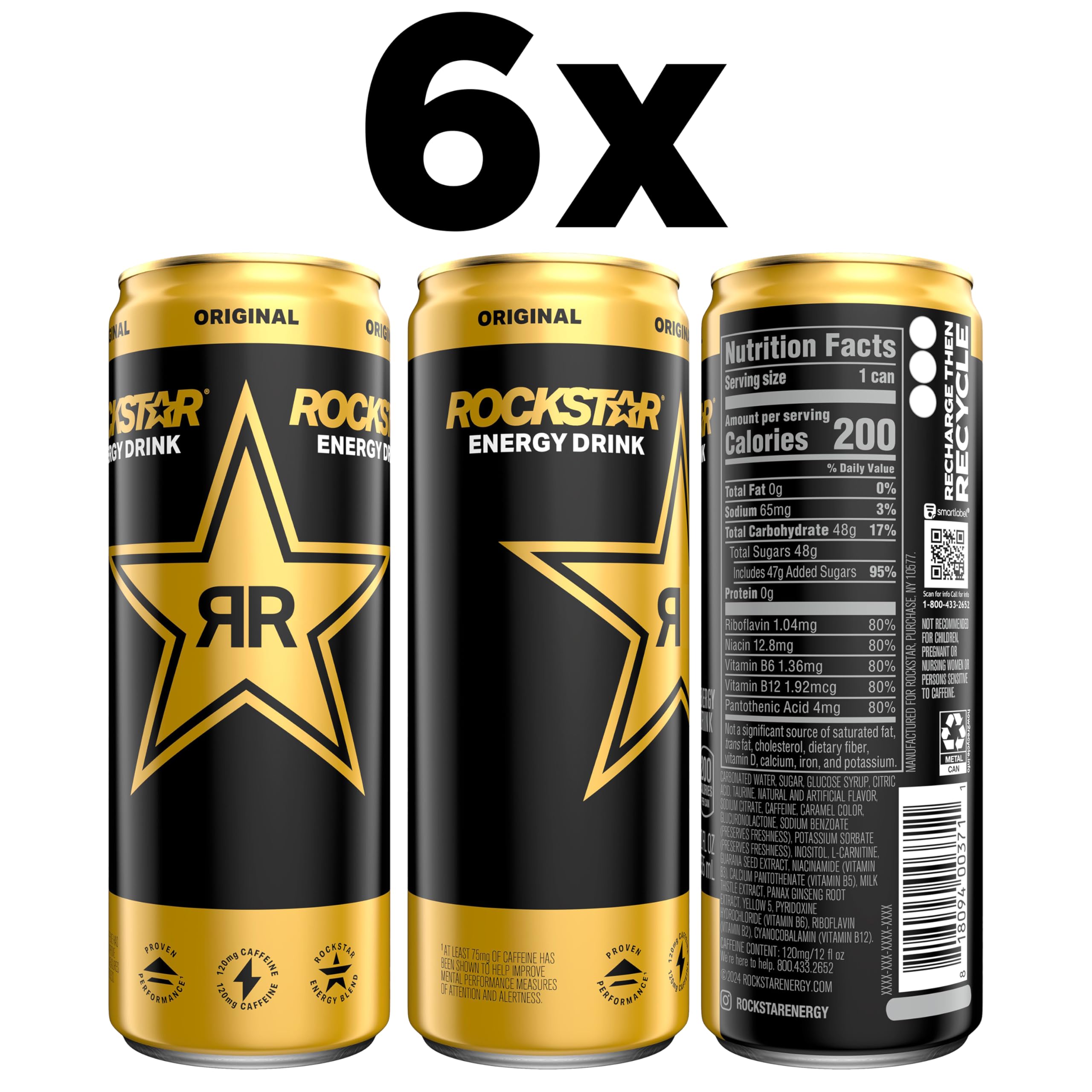 Rockstar Energy Drink, Original, 12 fl oz Cans, (6 Pack)