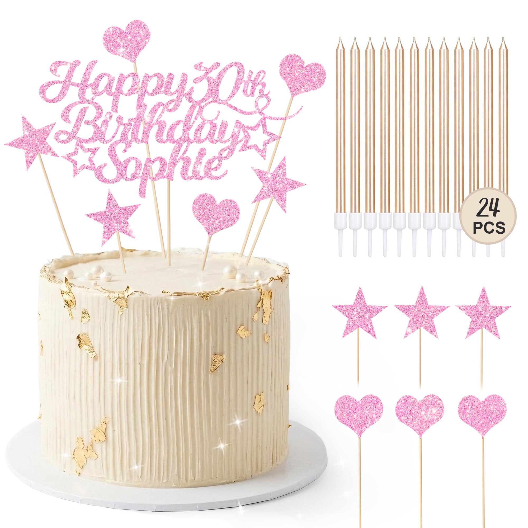 EDSG Personalised Birthday Cake Toppers with 24 Candles, Double-Sided Glitter Cake Decorations with Any Age Name, Birthday Party Supplies for Boys and Girls Women Man(Light Pink with 24 Candles)
